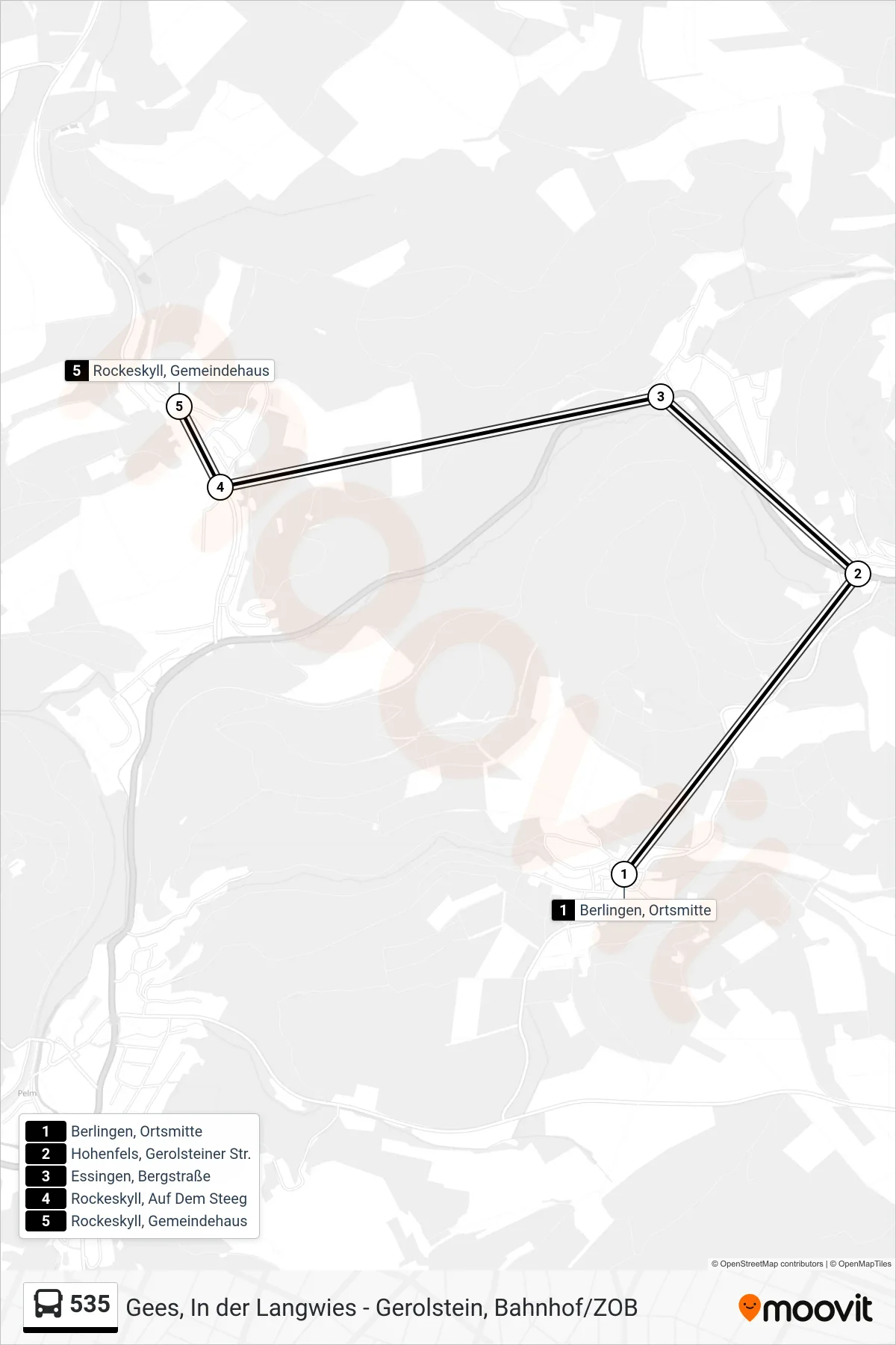 535 bus Line (Rockeskyll, Gemeindehaus) route and stops on a map