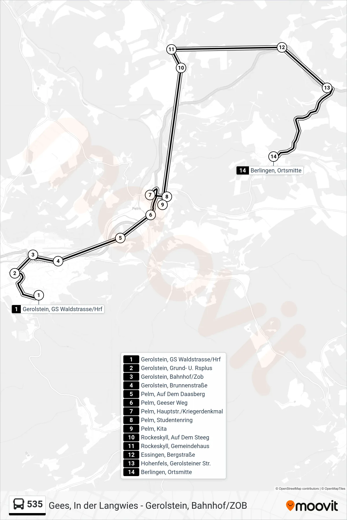 535 bus Line (Berlingen, Ortsmitte) route and stops on a map