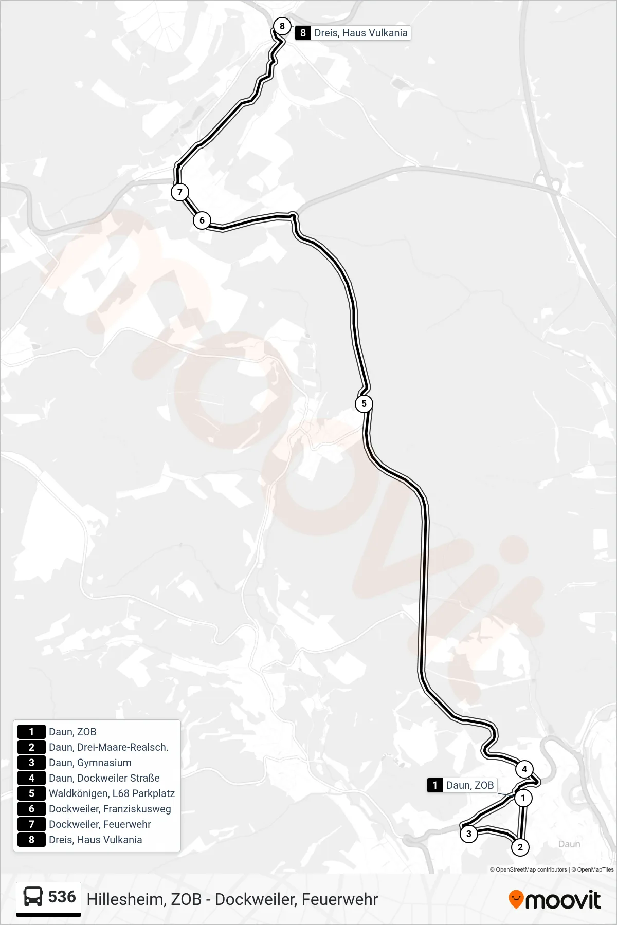 536 bus Line (Dreis, Haus Vulkania) route and stops on a map