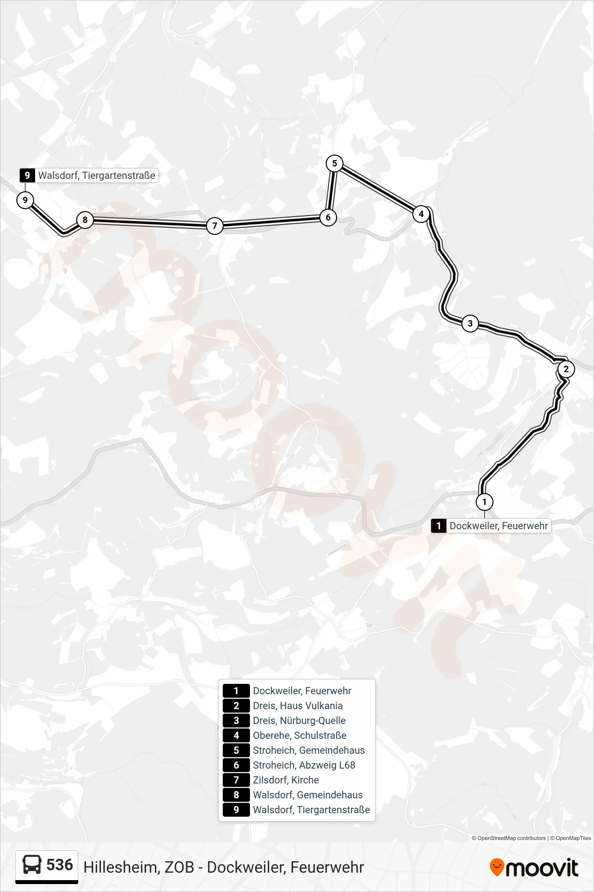 536 bus Line (Walsdorf, Tiergartenstraße) route and stops on a map