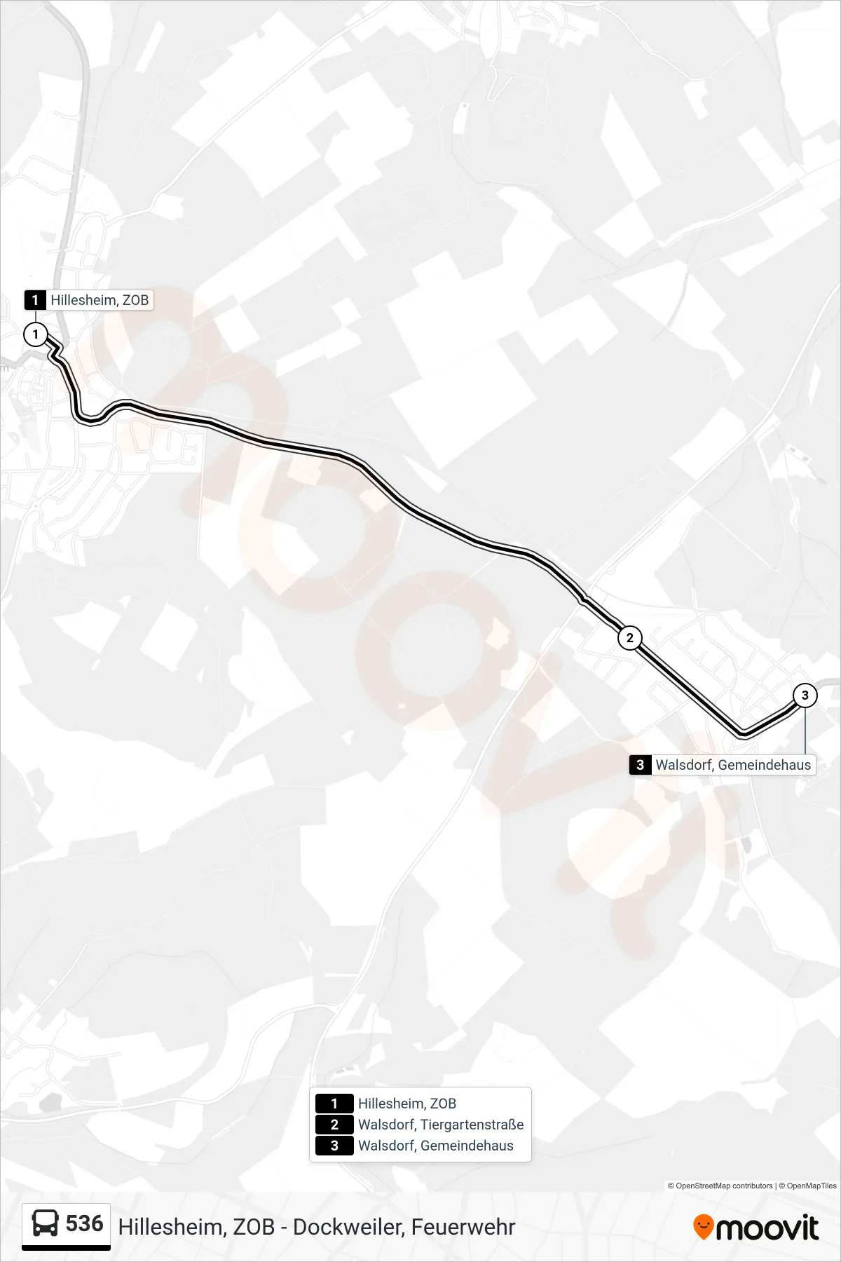 536 bus Line (Walsdorf, Gemeindehaus) route and stops on a map