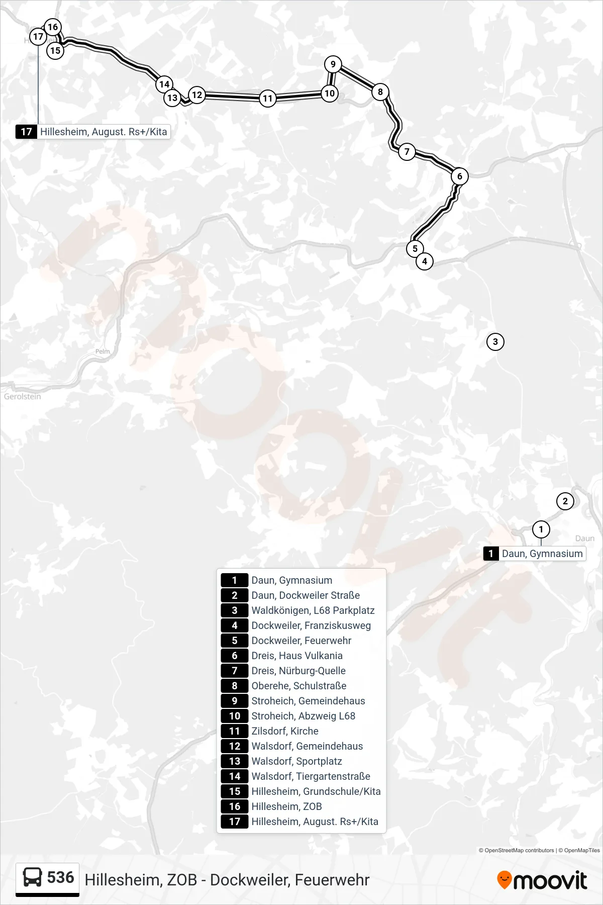 536 bus Line (Hillesheim, August. Rs+/Kita) route and stops on a map