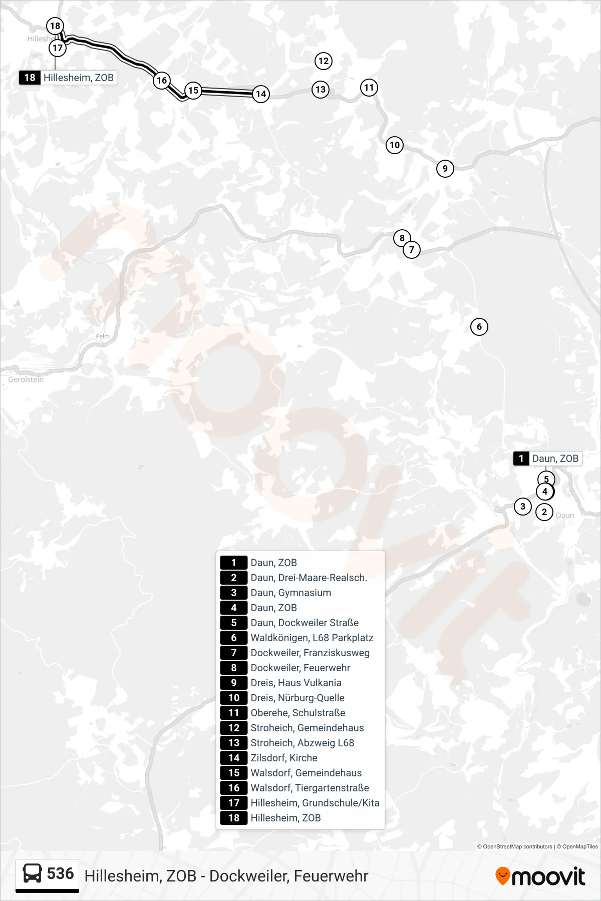536 bus Line (Hillesheim, ZOB) route and stops on a map