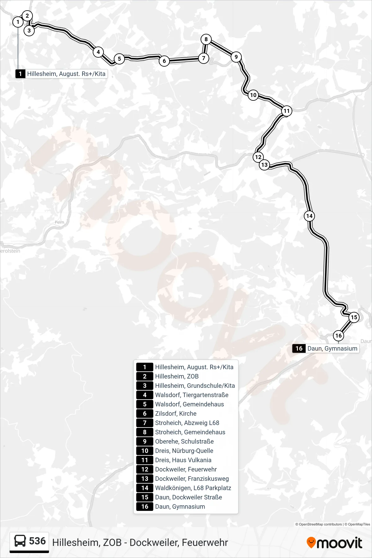536 bus Line (Daun, Gymnasium) route and stops on a map