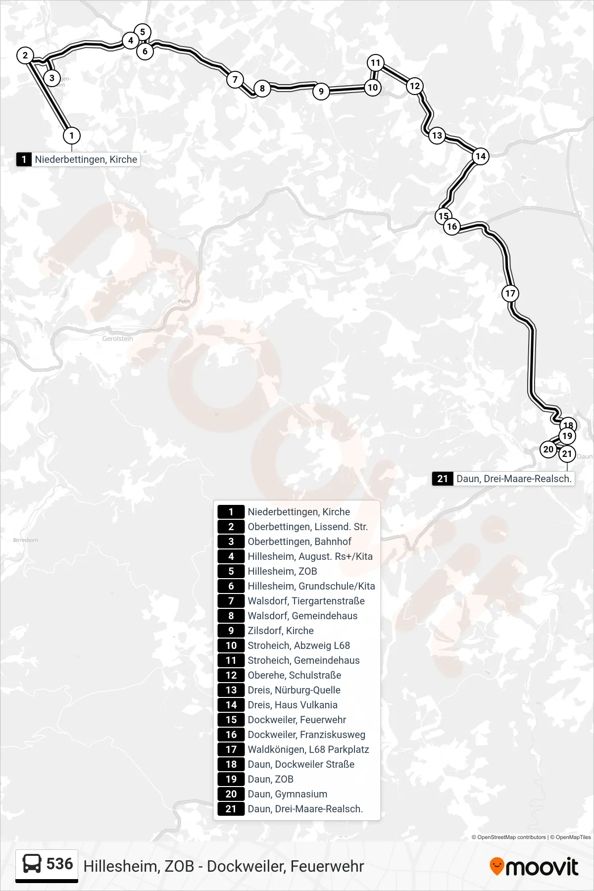 536 bus Line (Daun, Drei-Maare-Realsch.) route and stops on a map