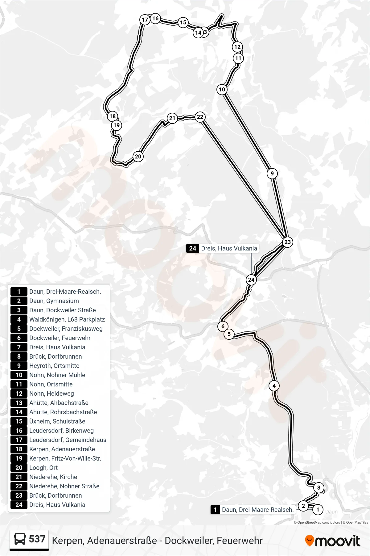 Linie 537 (Bus) Richtung Dreis, Haus Vulkania: Route und Haltestellen auf der Karte