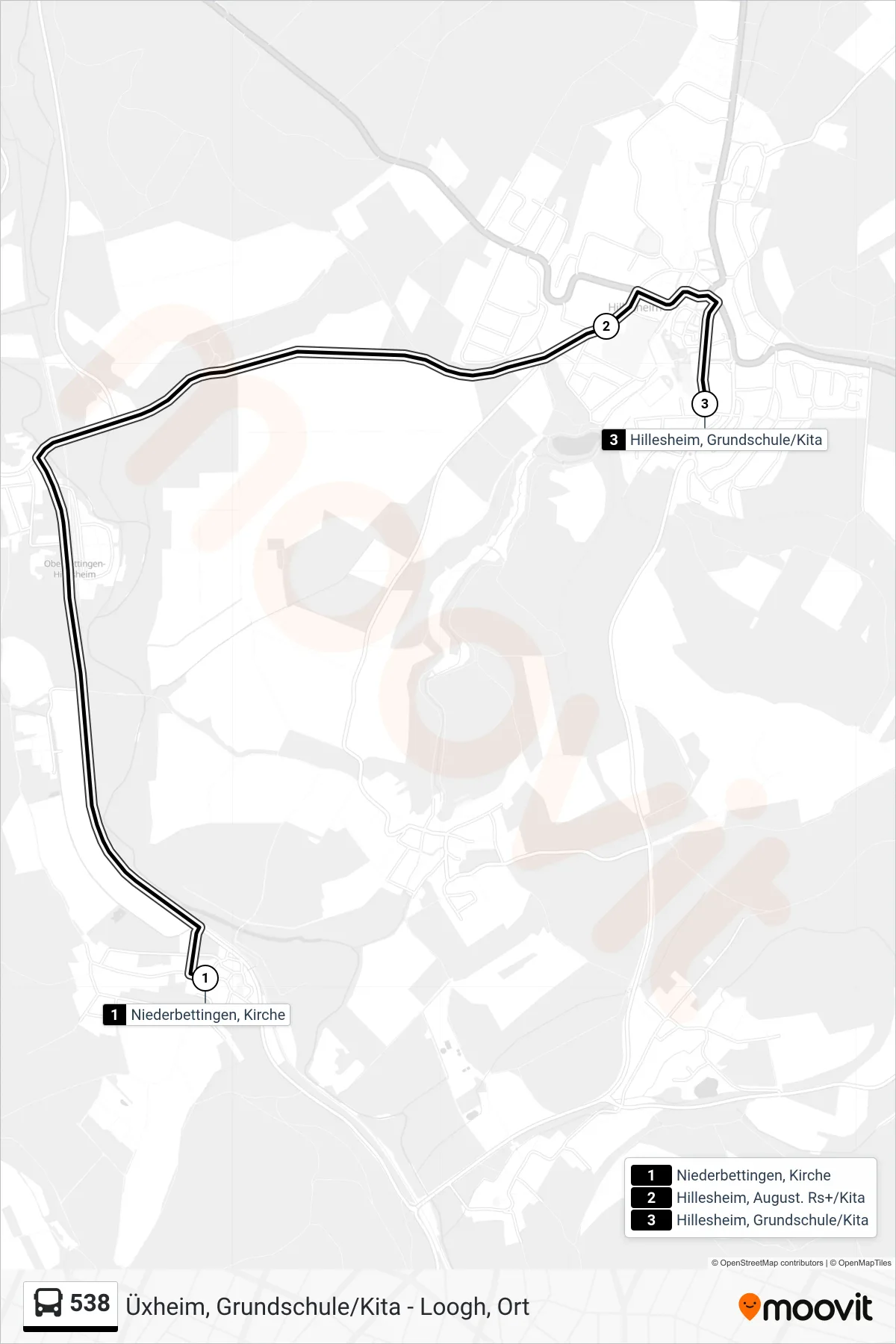 538 bus Line (Hillesheim, Grundschule/Kita) route and stops on a map