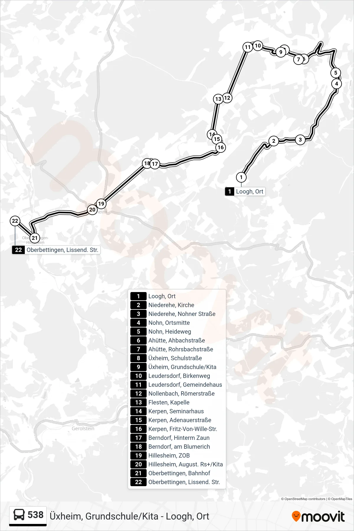 538 bus Line (Oberbettingen, Lissend. Str.) route and stops on a map