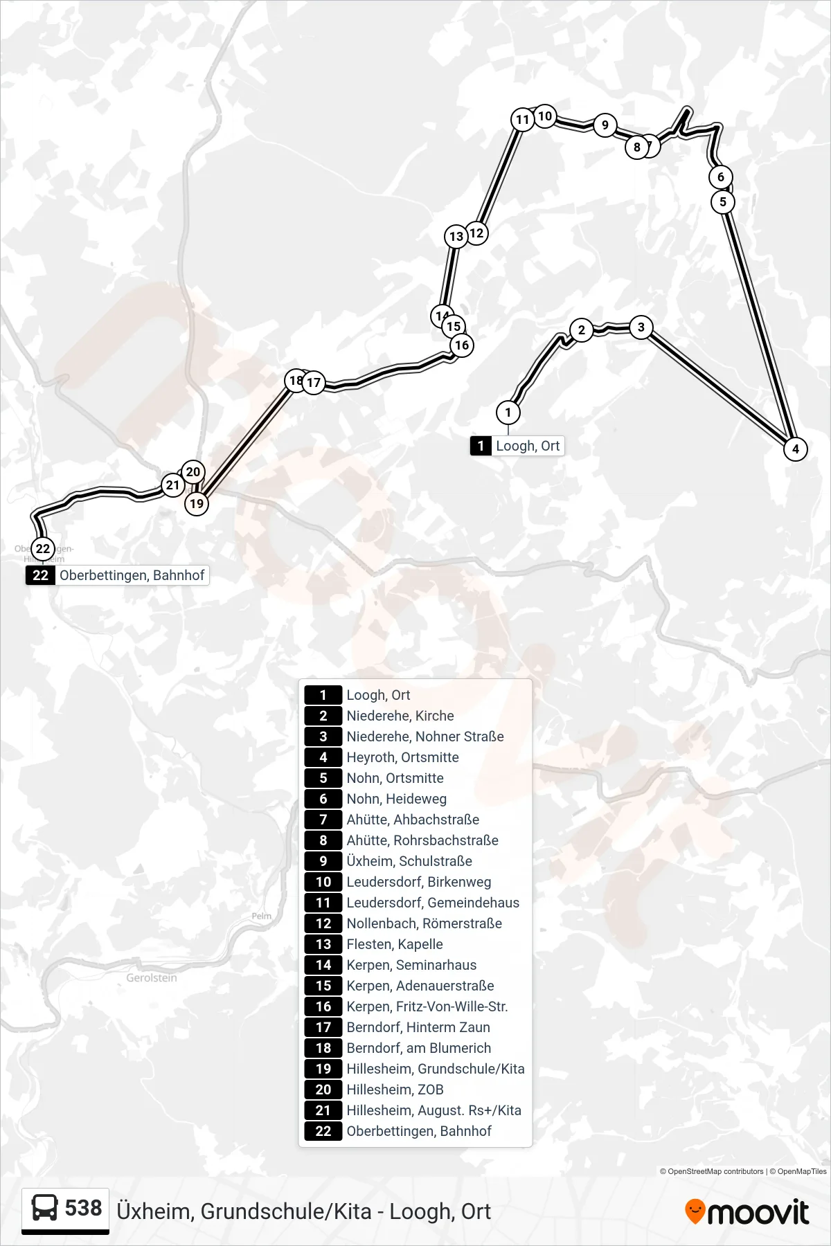538 bus Line (Oberbettingen, Bahnhof) route and stops on a map