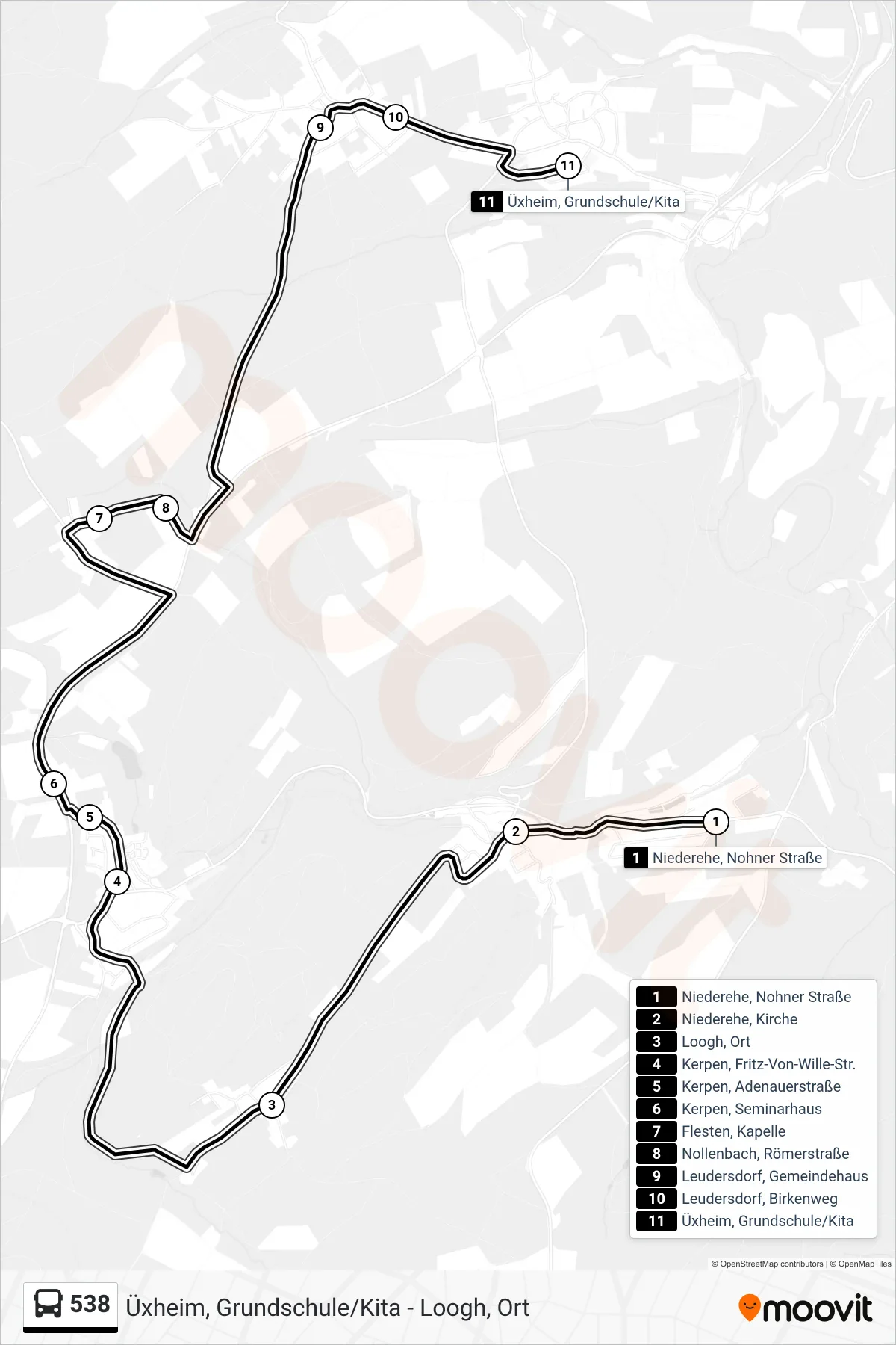 538 bus Line (Üxheim, Grundschule/Kita) route and stops on a map