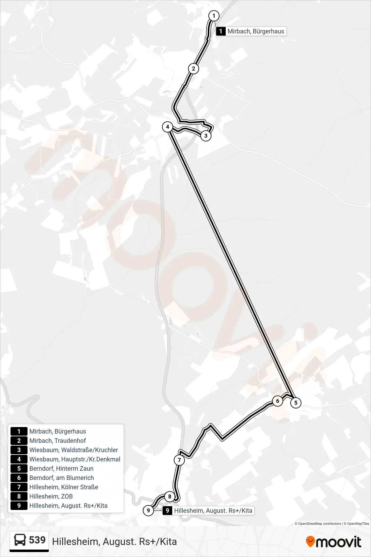 Linie 539 (Bus) Richtung Hillesheim, August. Rs+/Kita: Route und Haltestellen auf der Karte