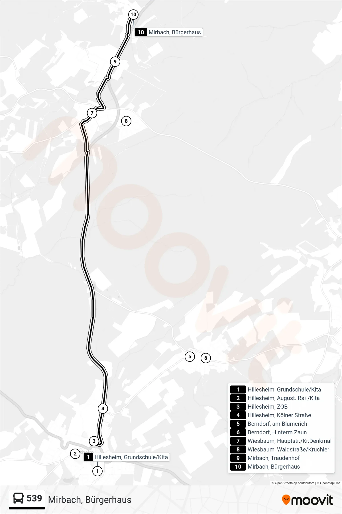 539 bus Line (Mirbach, Bürgerhaus) route and stops on a map