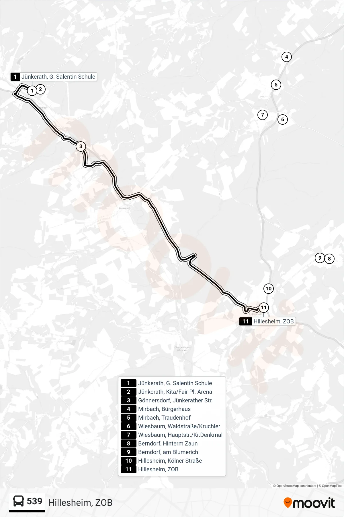 539 bus Line (Hillesheim, ZOB) route and stops on a map