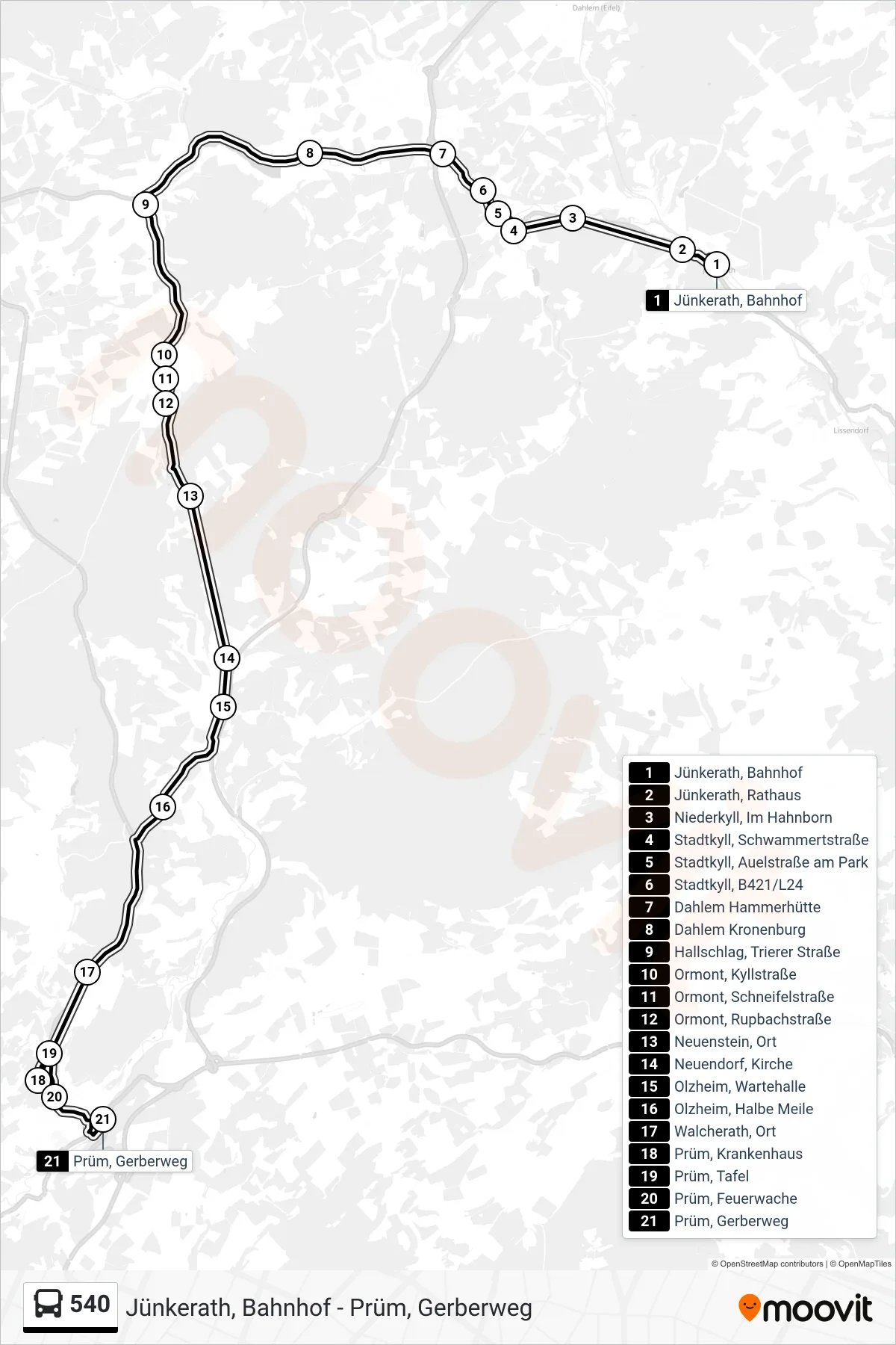 540 bus Line (Prüm, Gerberweg) route and stops on a map