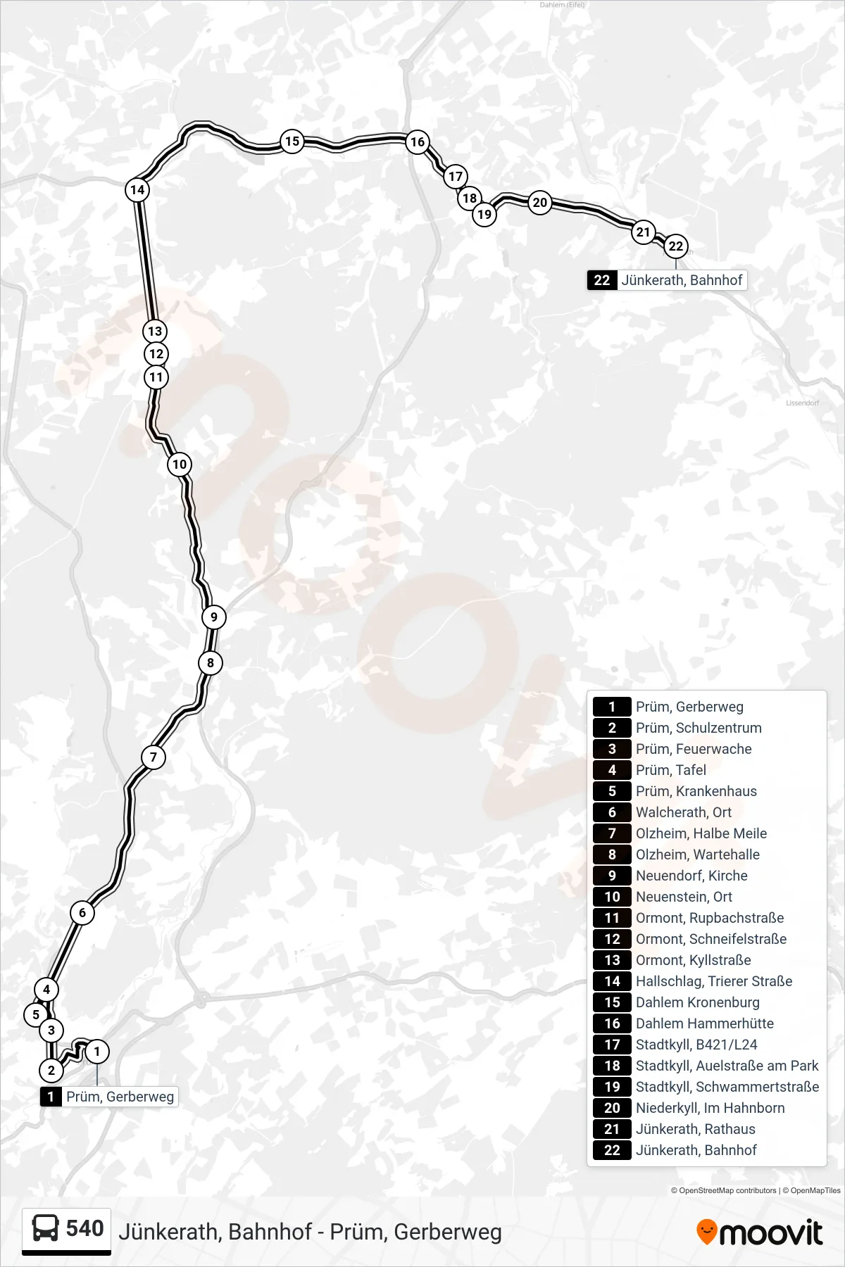 540 bus Line (Jünkerath, Bahnhof) route and stops on a map