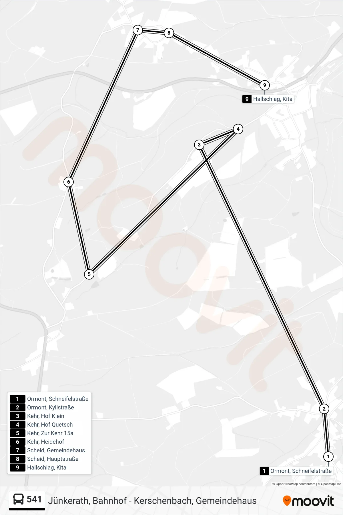 541 bus Line (Hallschlag, Kita) route and stops on a map