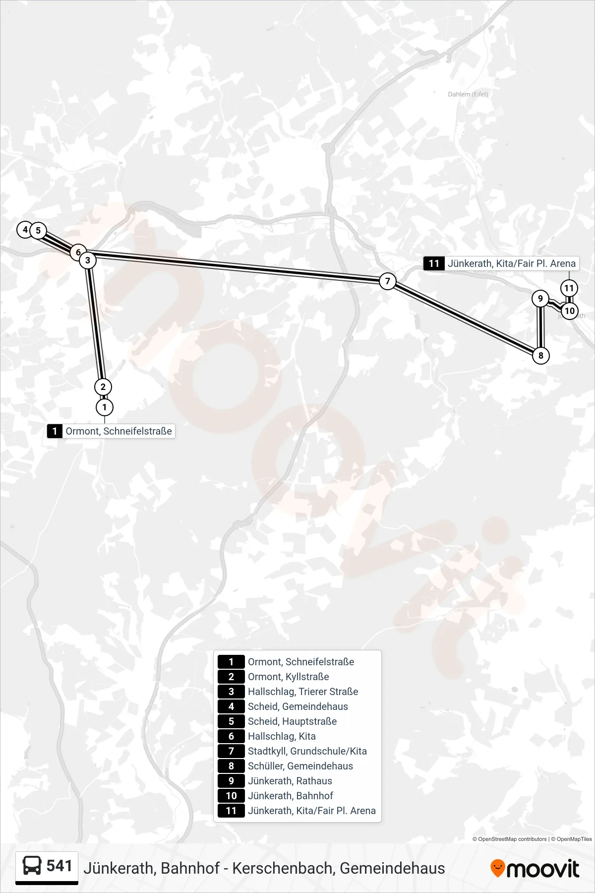 541 bus Line (Jünkerath, Kita/Fair Pl. Arena) route and stops on a map