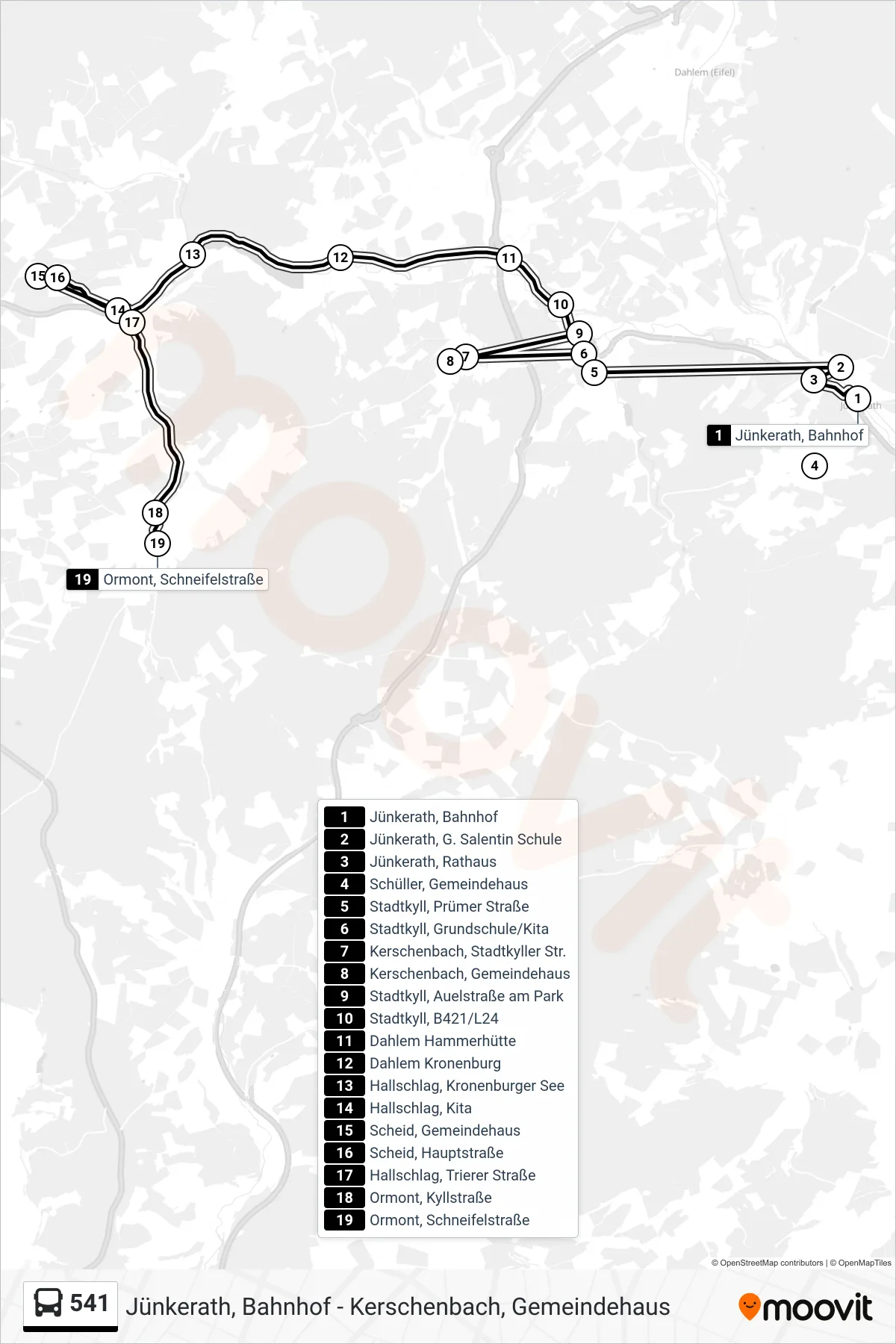 541 bus Line (Ormont, Schneifelstraße) route and stops on a map