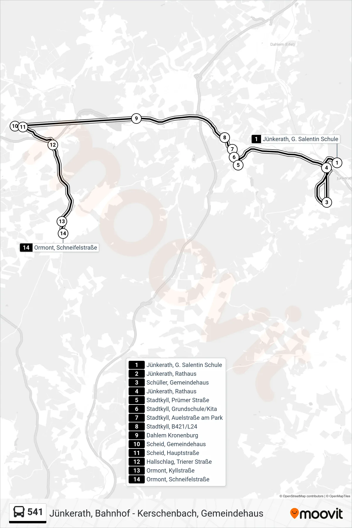 541 bus Line (Ormont, Schneifelstraße) route and stops on a map