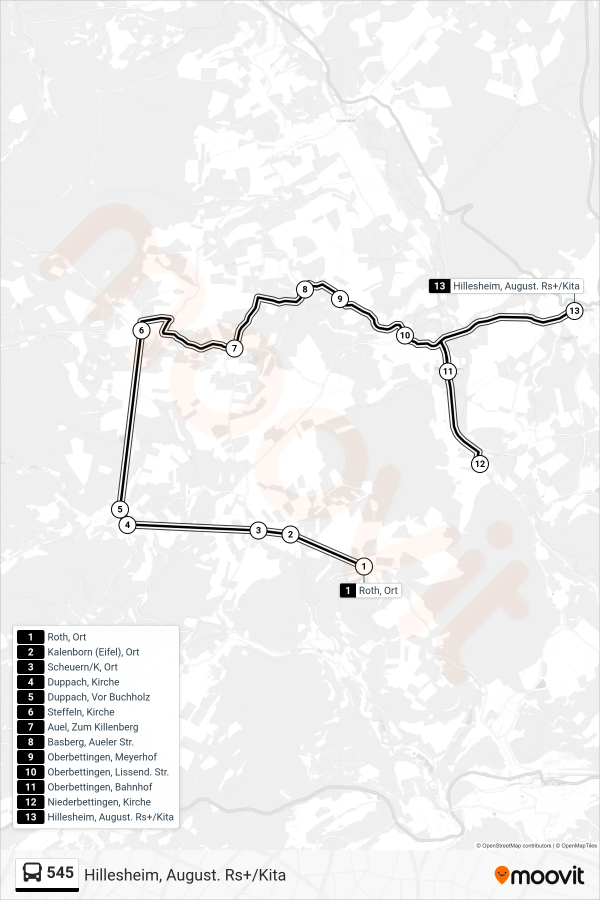 Linie 545 (Bus) Richtung Hillesheim, August. Rs+/Kita: Route und Haltestellen auf der Karte
