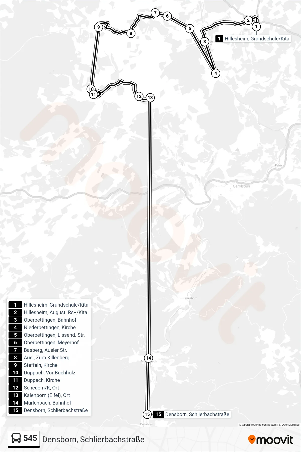 545 bus Line (Densborn, Schlierbachstraße) route and stops on a map