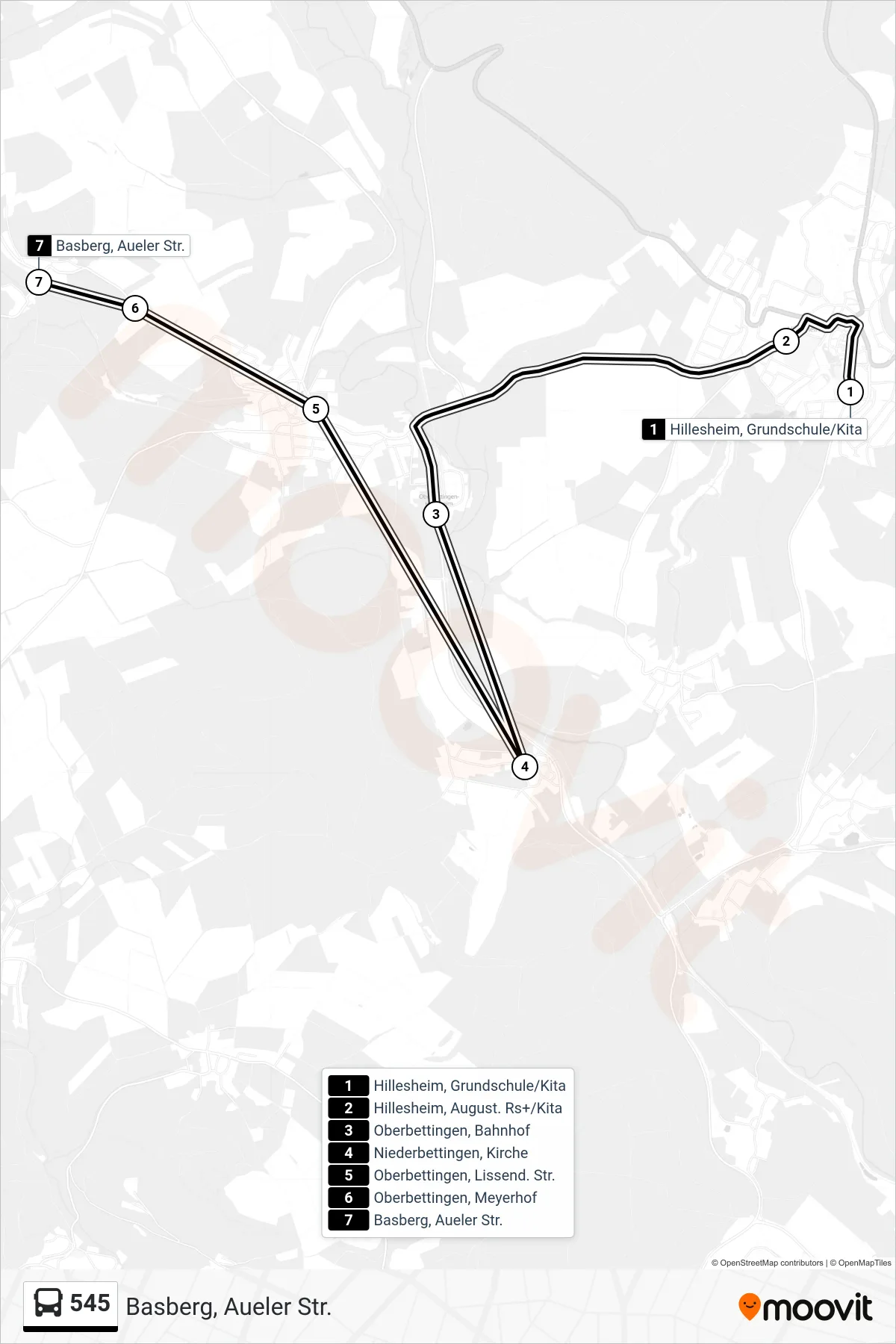 545 bus Line (Basberg, Aueler Str.) route and stops on a map