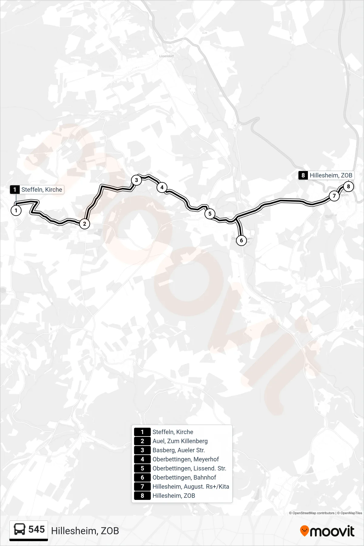 545 bus Line (Hillesheim, ZOB) route and stops on a map