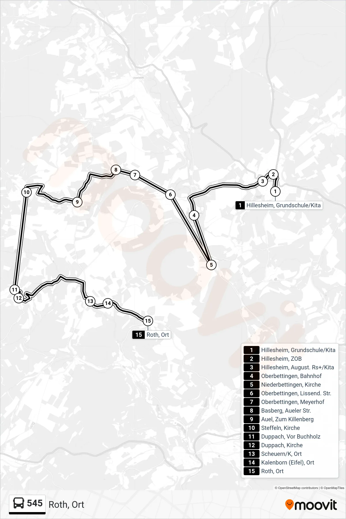 545 bus Line (Roth, Ort) route and stops on a map