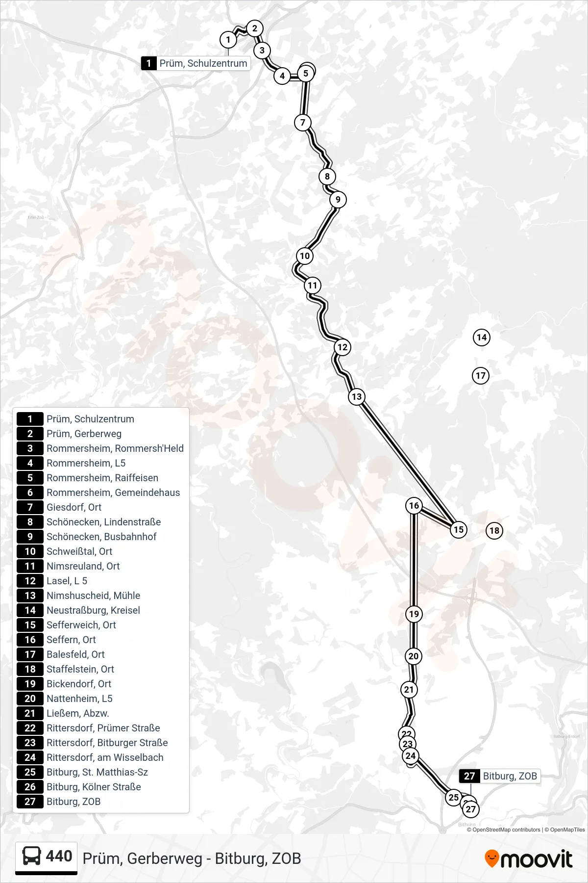 440 bus Line (Bitburg, ZOB) route and stops on a map
