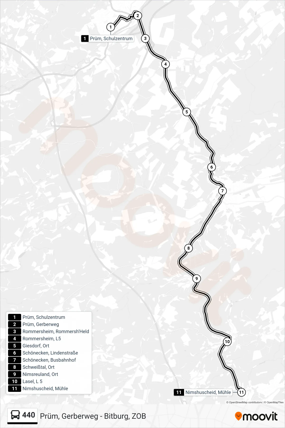 440 bus Line (Nimshuscheid, Mühle) route and stops on a map