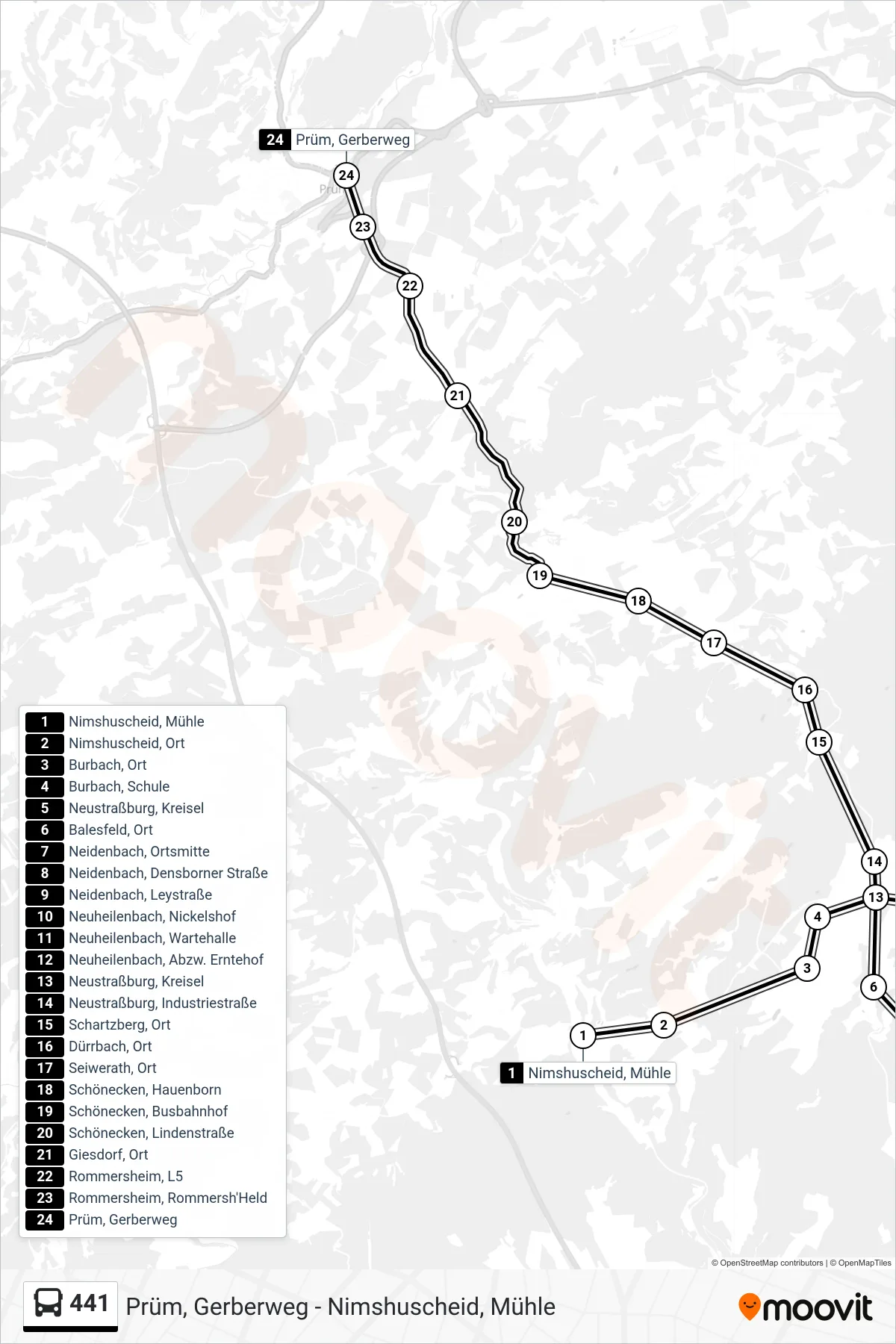 441 bus Line (Prüm, Gerberweg) route and stops on a map