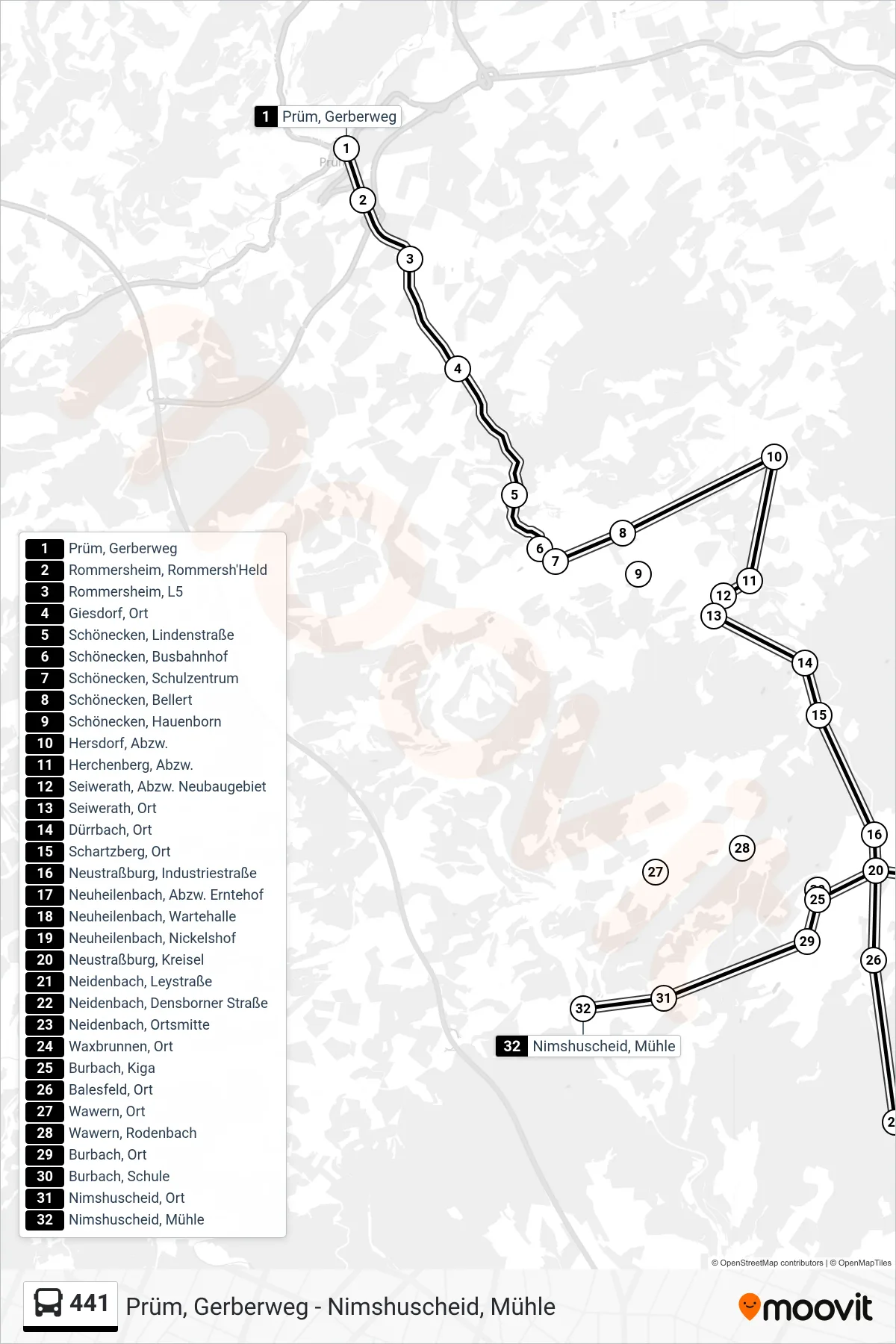 441 bus Line (Nimshuscheid, Mühle) route and stops on a map