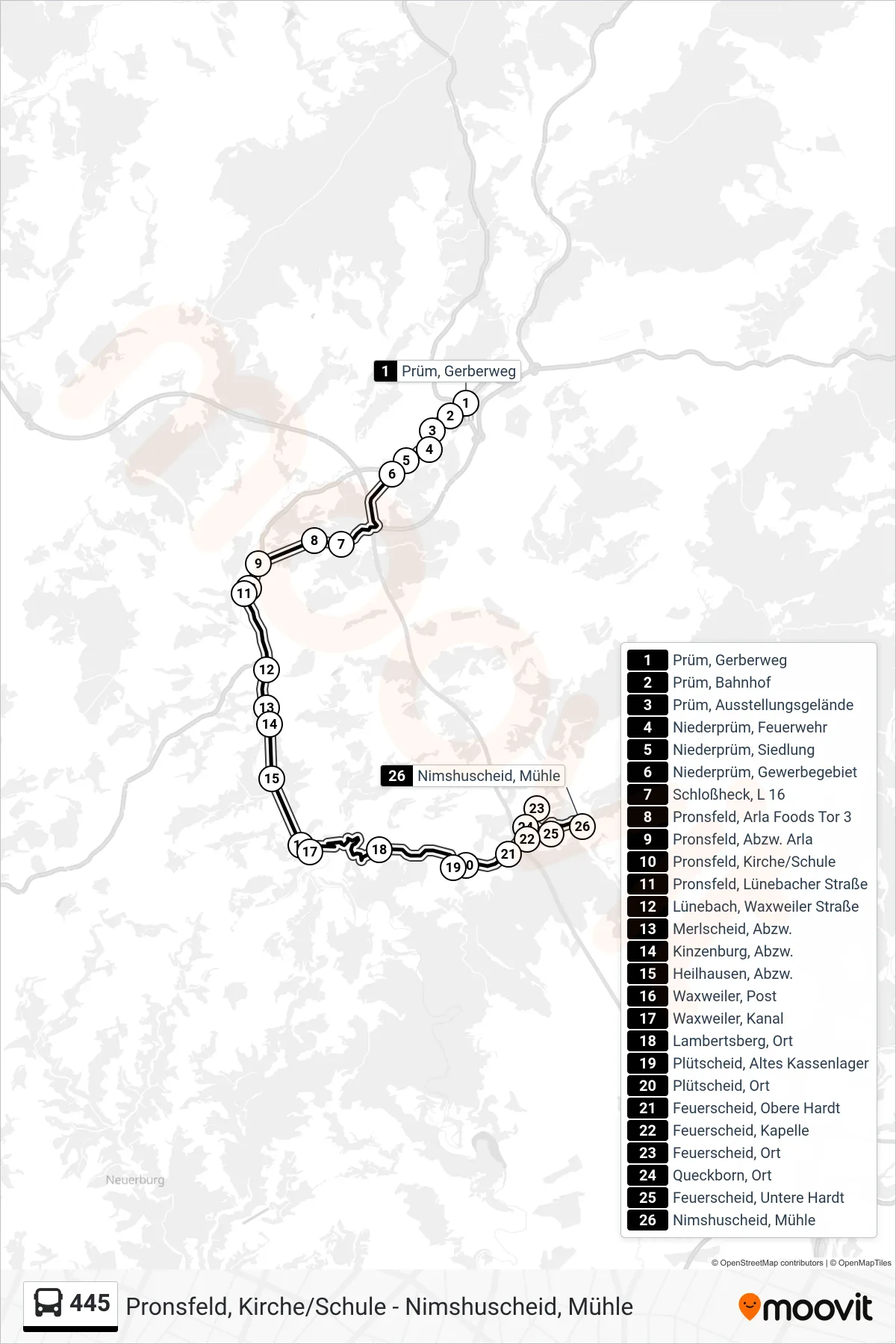 445 bus Line (Nimshuscheid, Mühle) route and stops on a map