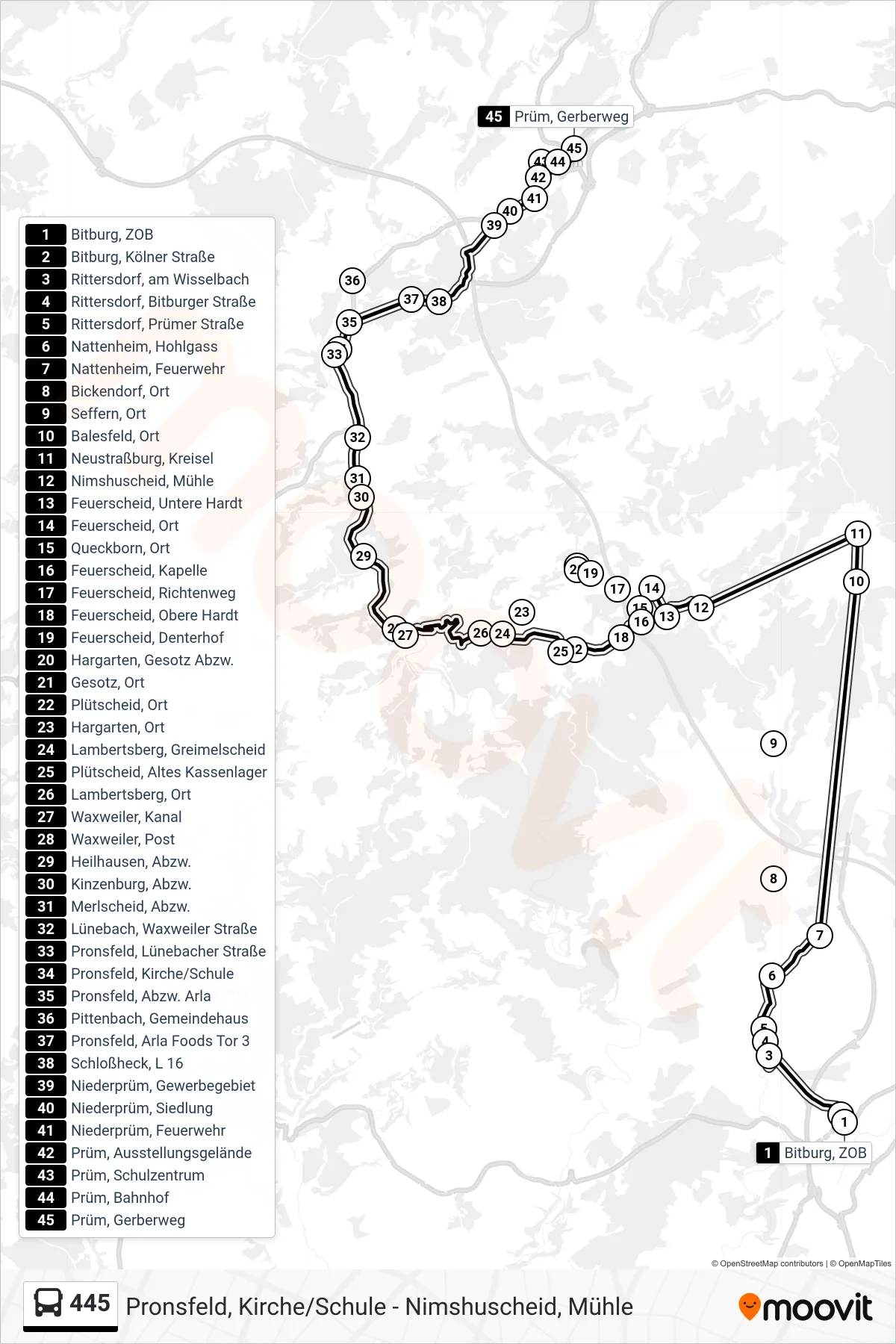 445 bus Line (Prüm, Gerberweg) route and stops on a map