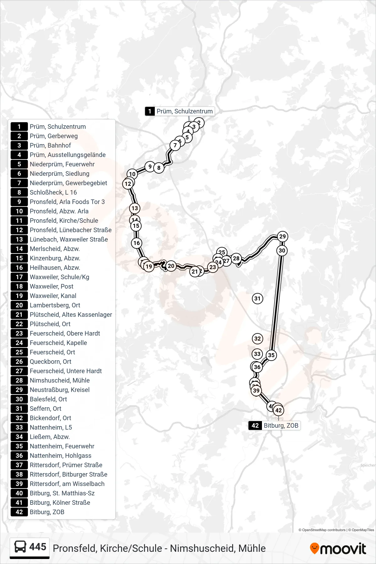 445 bus Line (Bitburg, ZOB) route and stops on a map