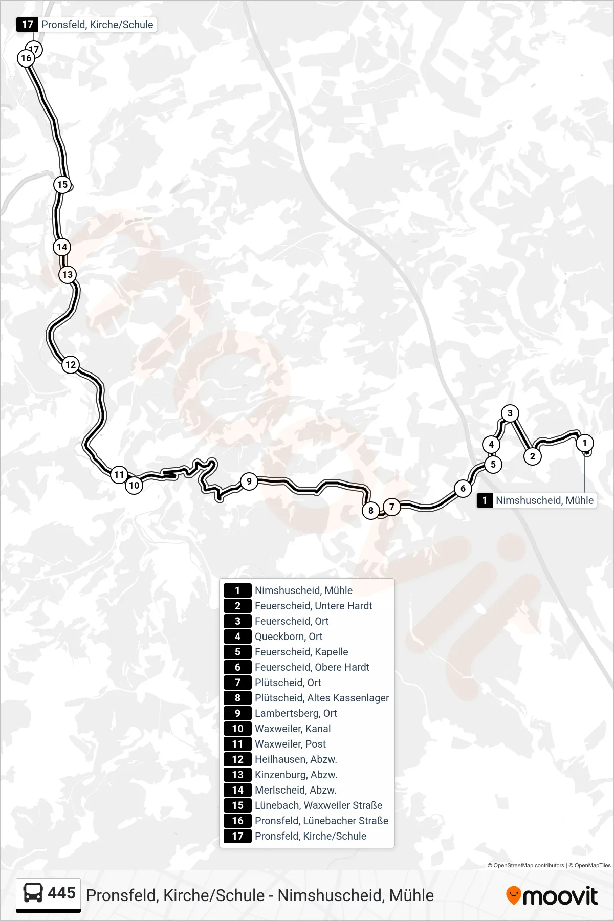 445 bus Line (Pronsfeld, Kirche/Schule) route and stops on a map