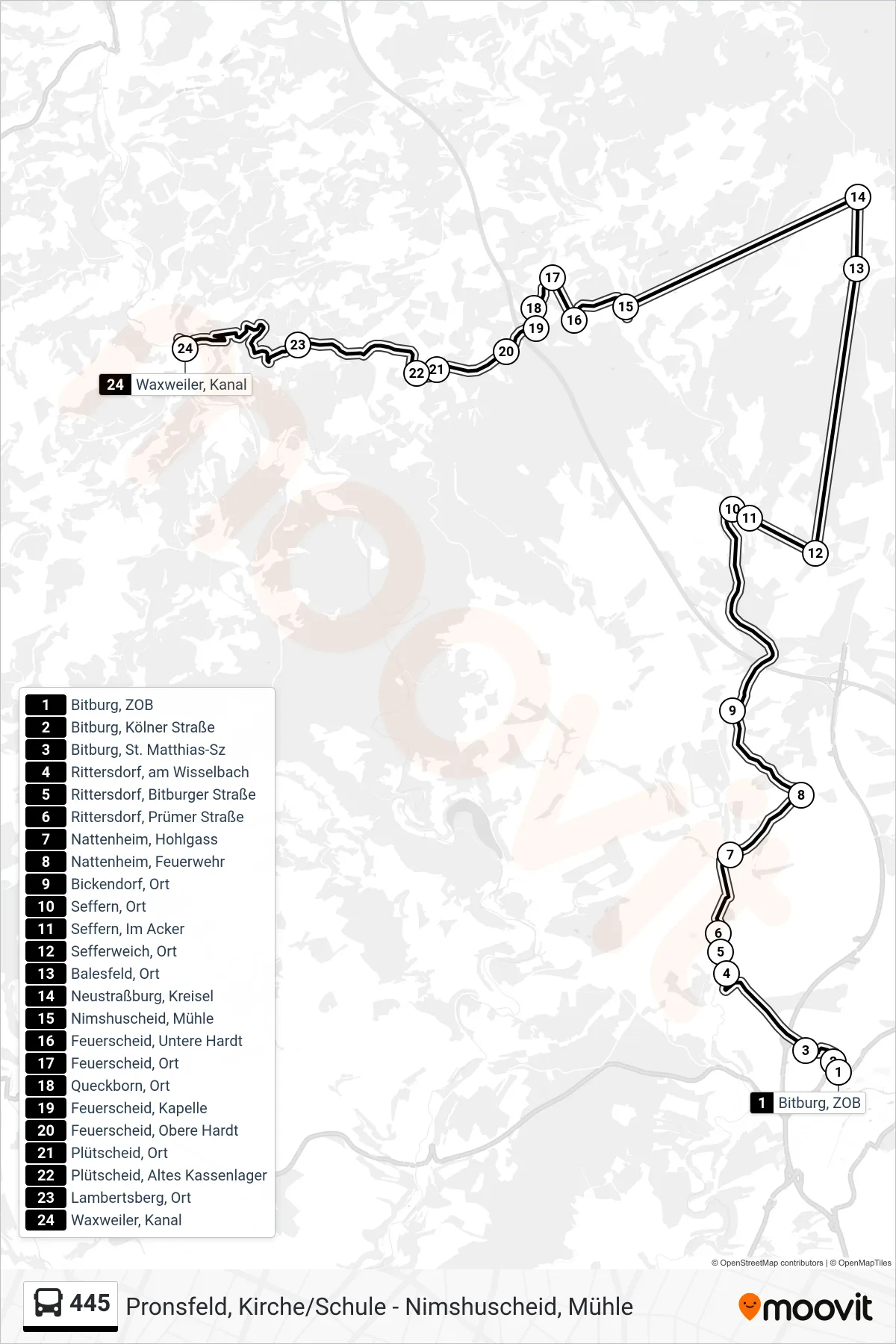 445 bus Line (Waxweiler, Kanal) route and stops on a map
