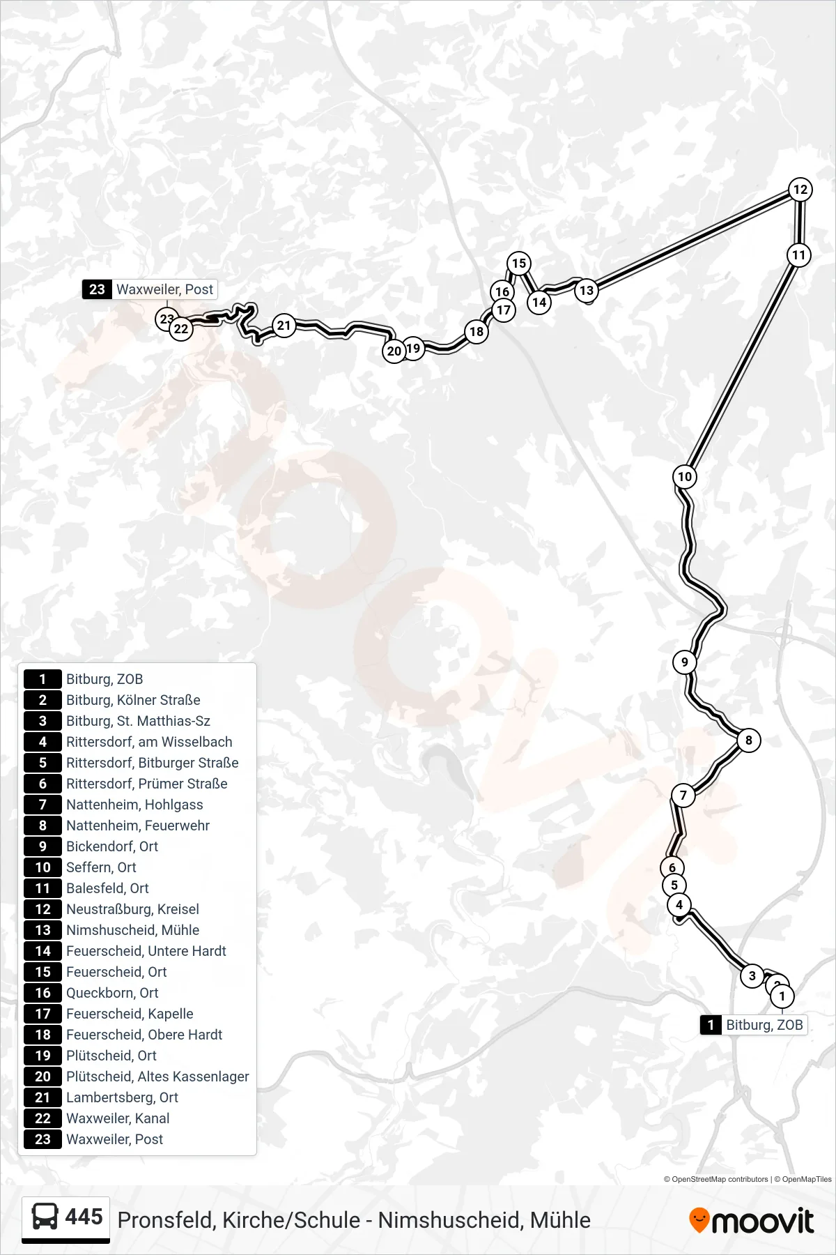 445 bus Line (Waxweiler, Post) route and stops on a map