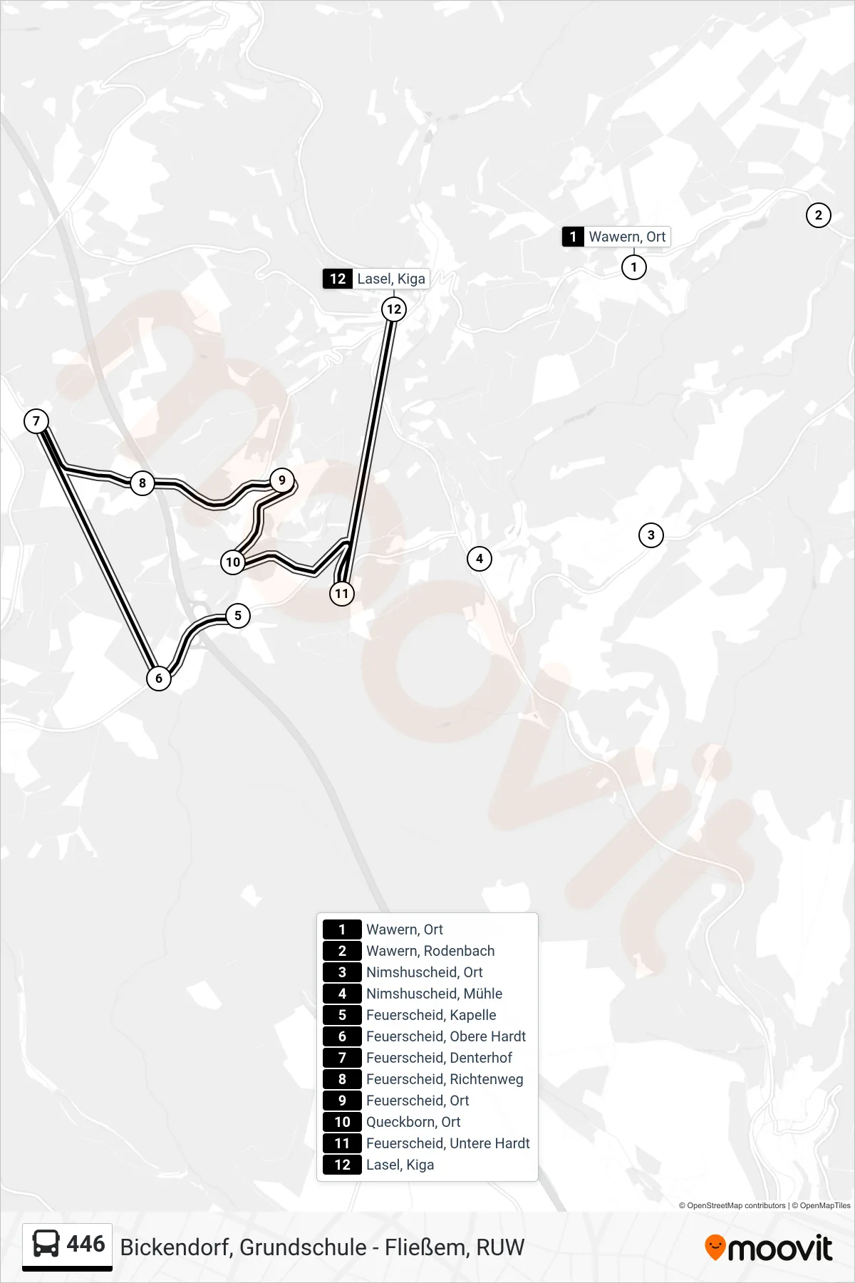 446 bus Line (Lasel, Kiga) route and stops on a map