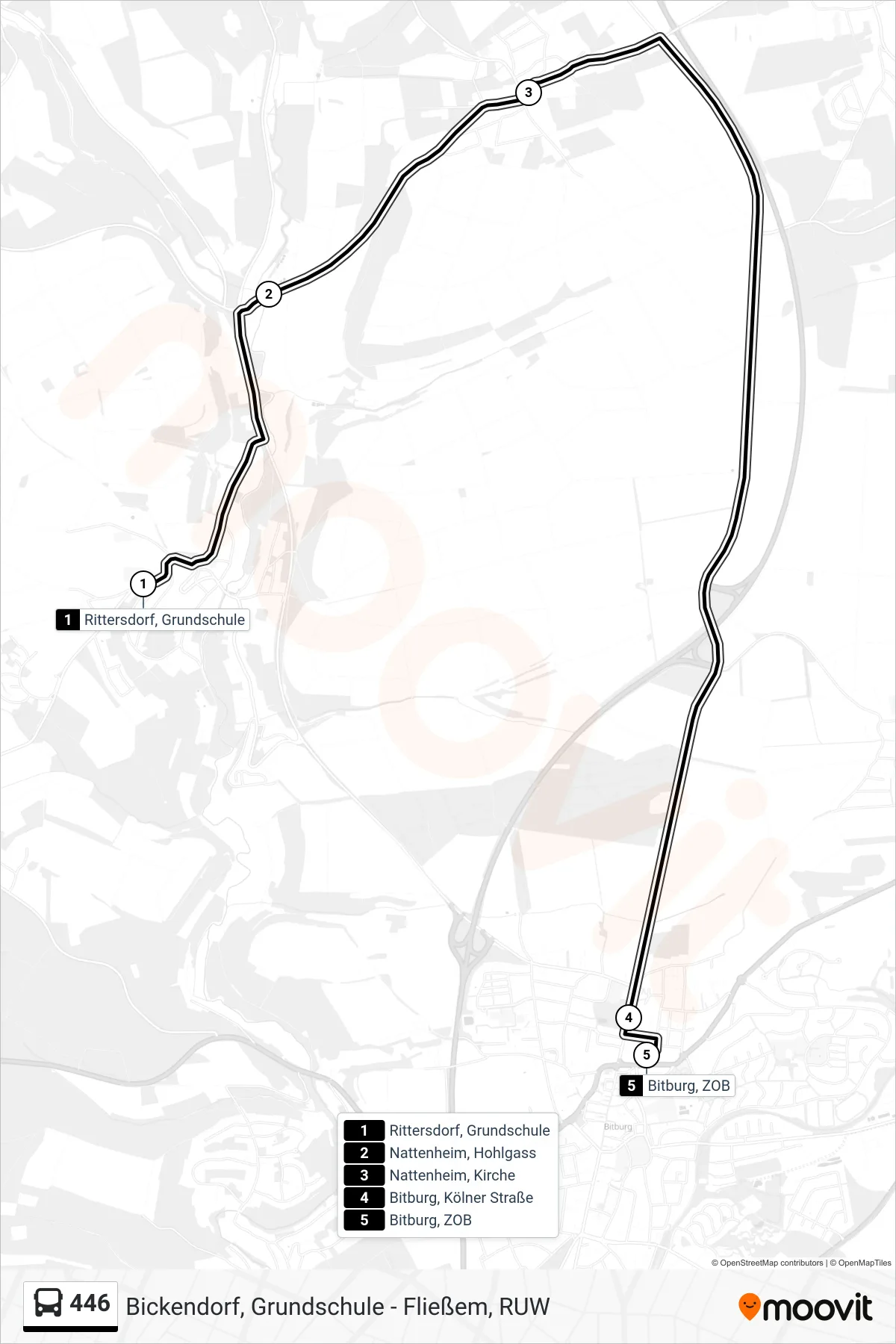 446 bus Line (Bitburg, ZOB) route and stops on a map