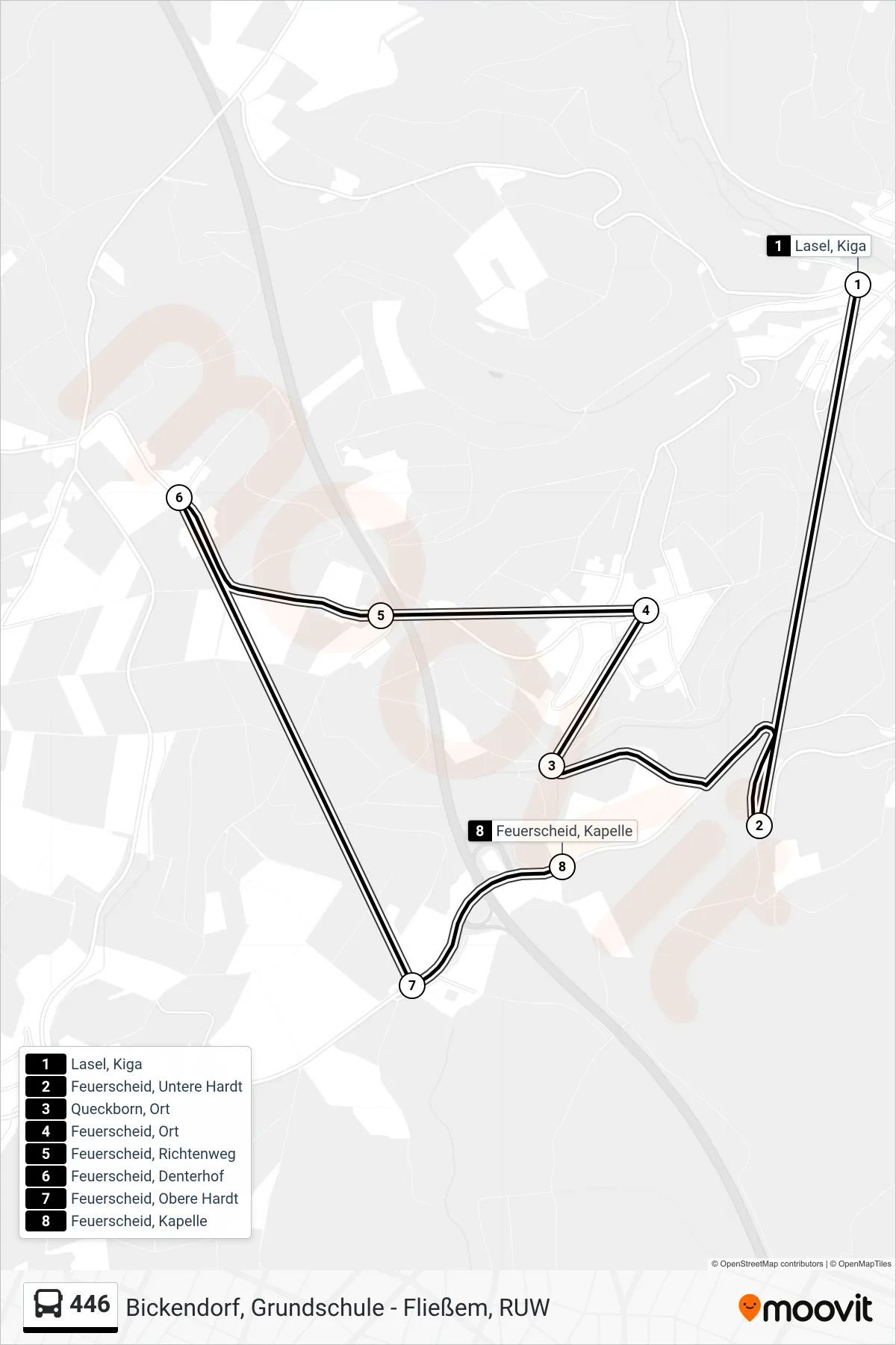 446 bus Line (Feuerscheid, Kapelle) route and stops on a map