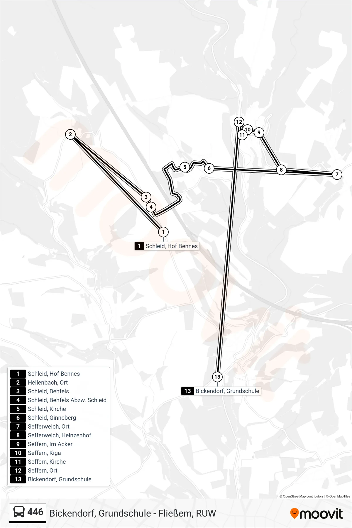 446 bus Line (Bickendorf, Grundschule) route and stops on a map