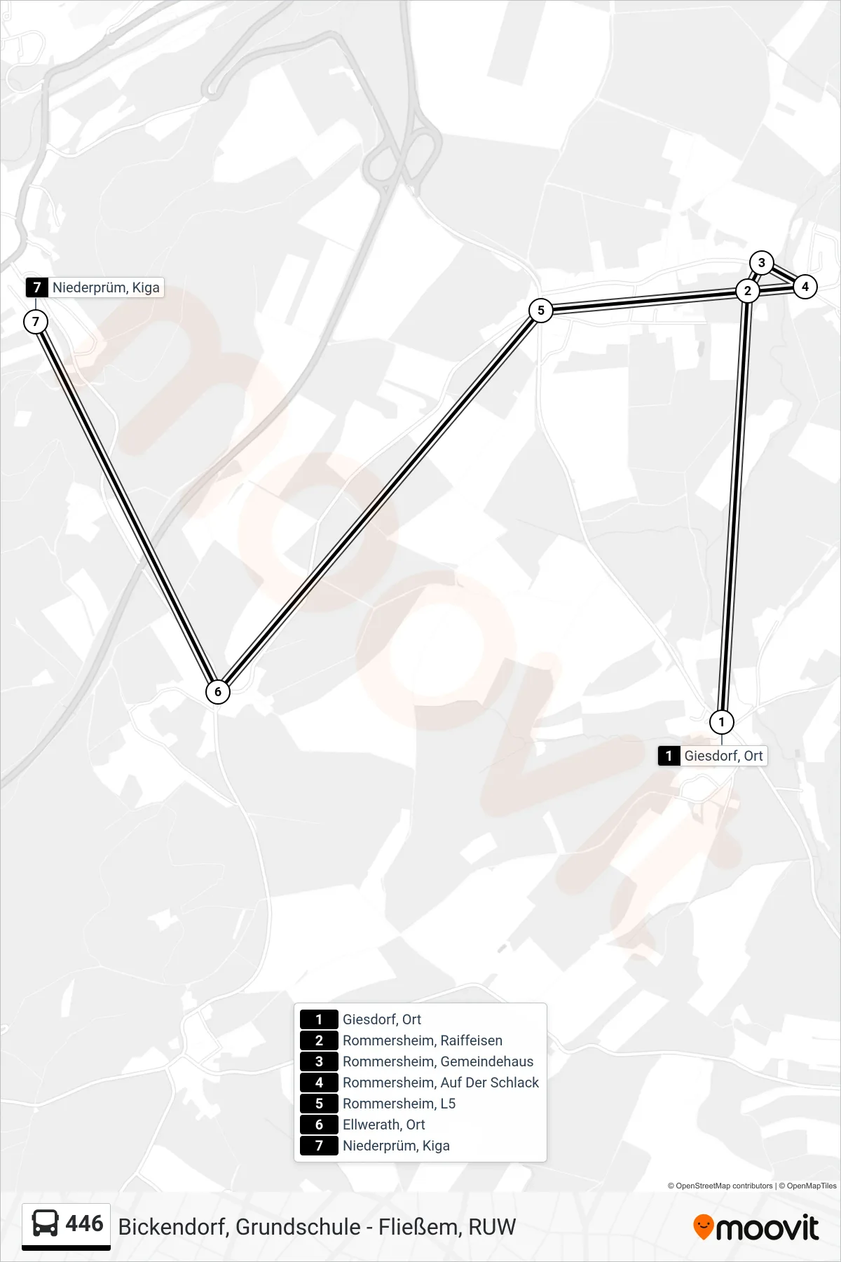 446 bus Line (Niederprüm, Kiga) route and stops on a map