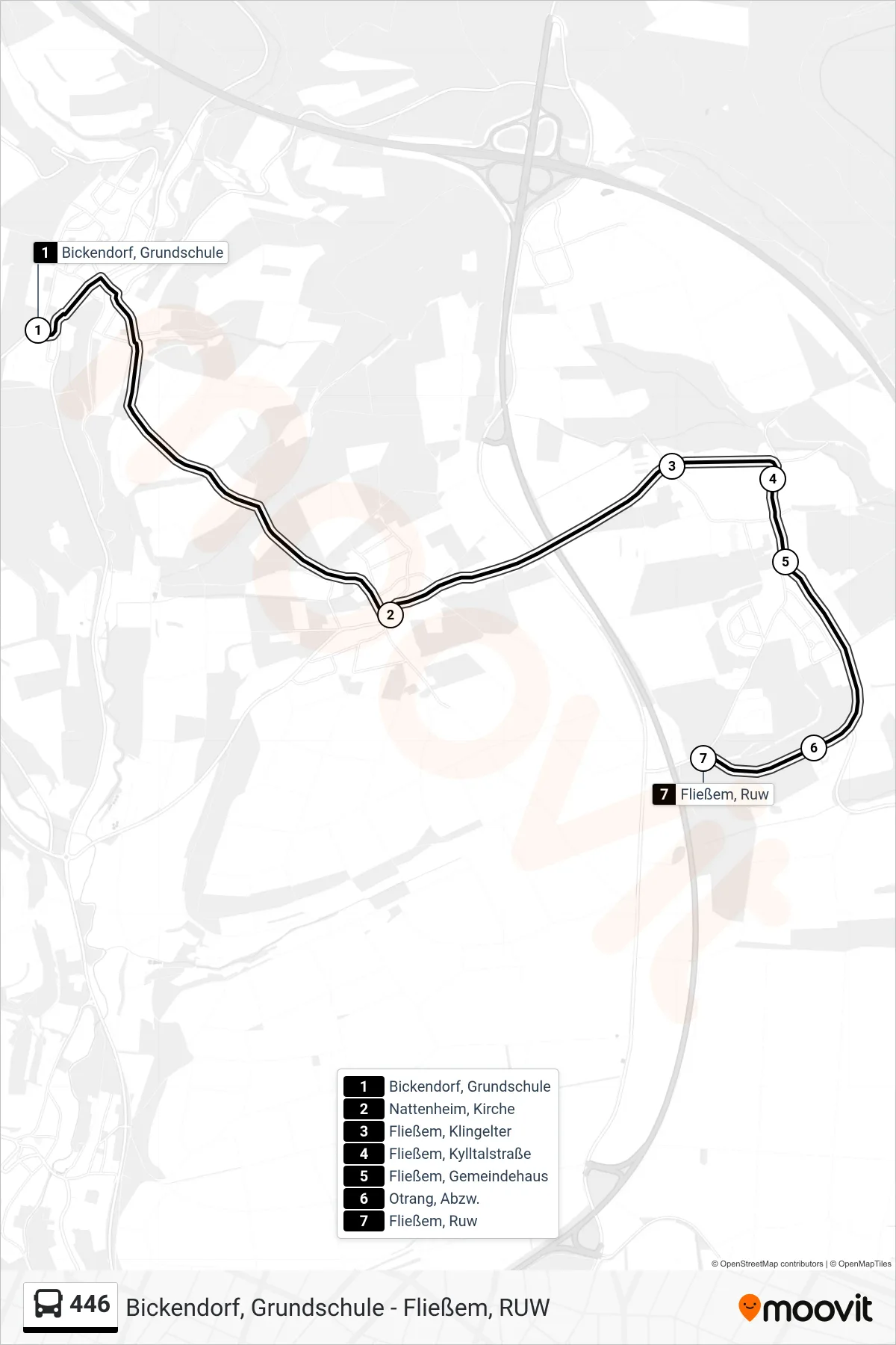 446 bus Line (Fließem, Ruw) route and stops on a map