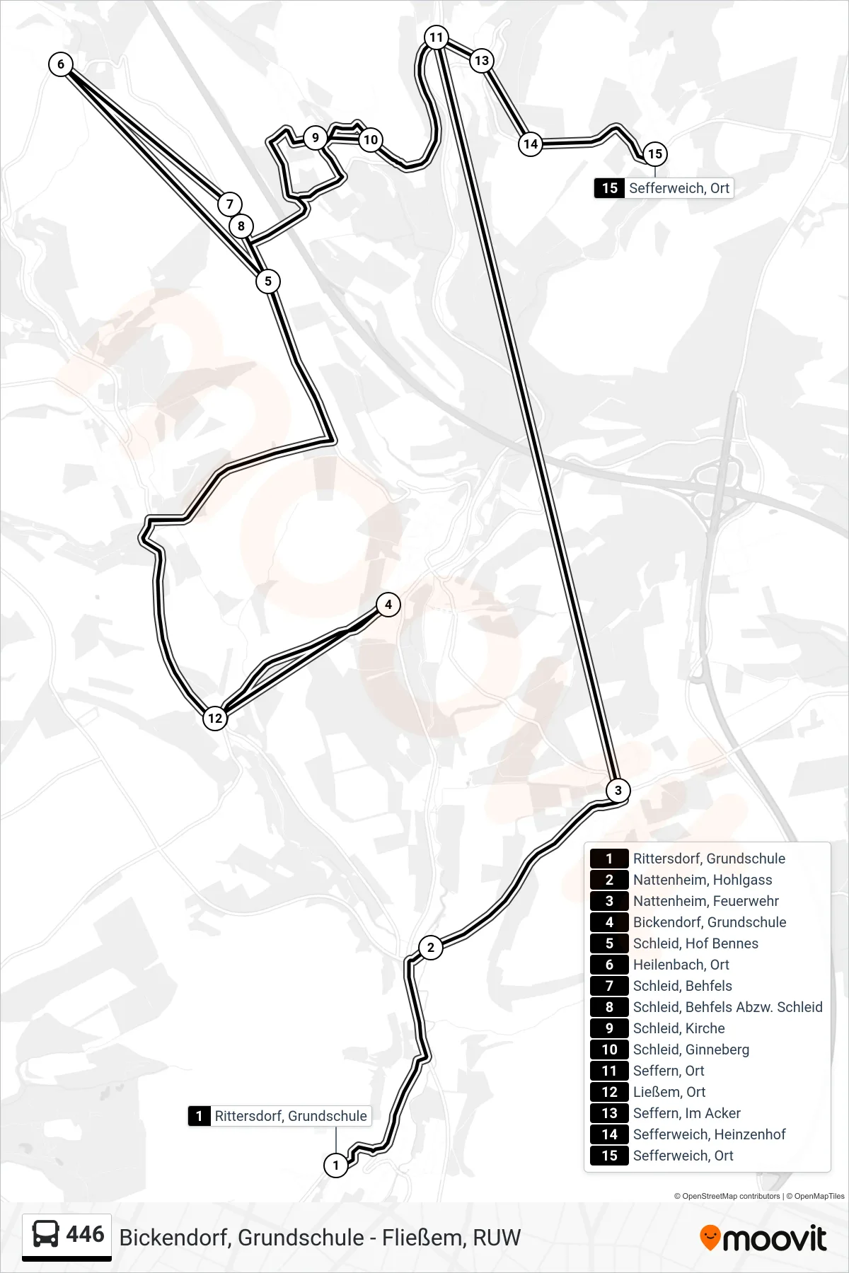446 bus Line (Sefferweich, Ort) route and stops on a map