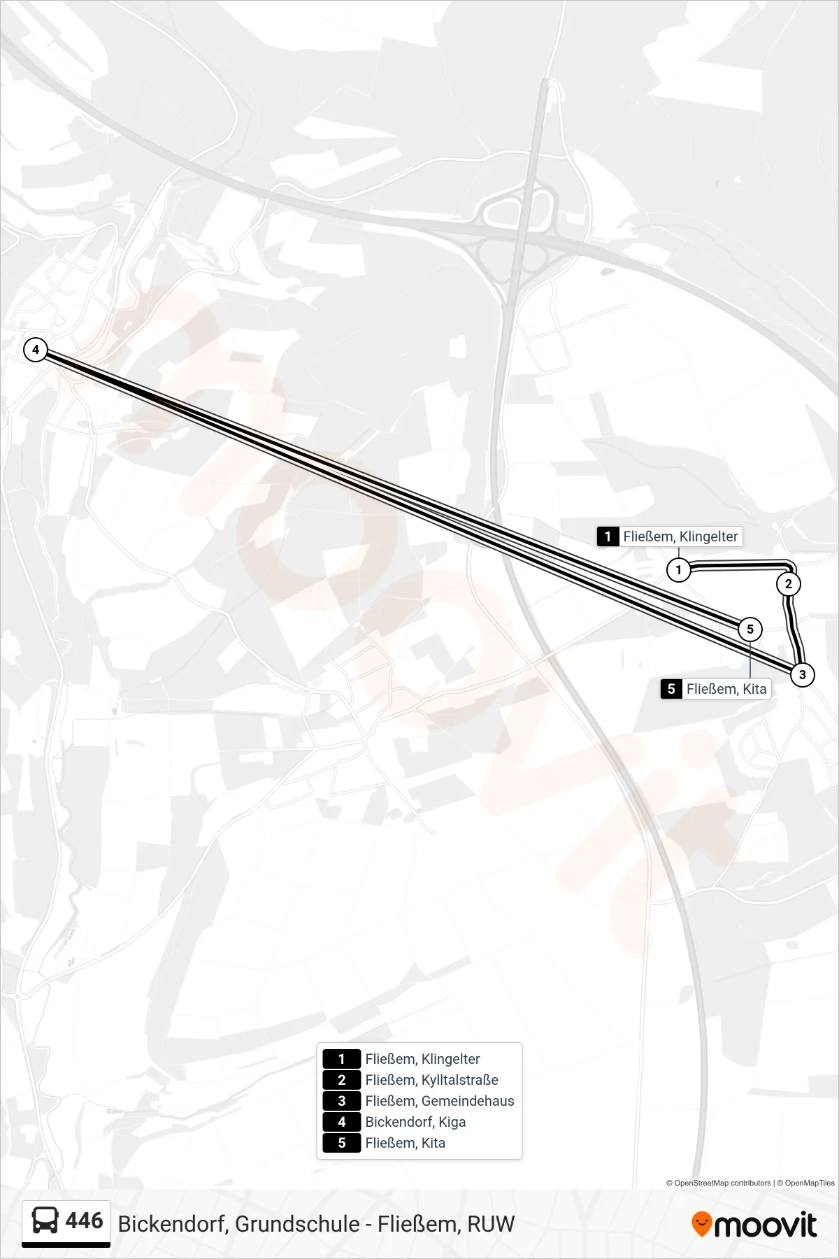 446 bus Line (Fließem, Kita) route and stops on a map