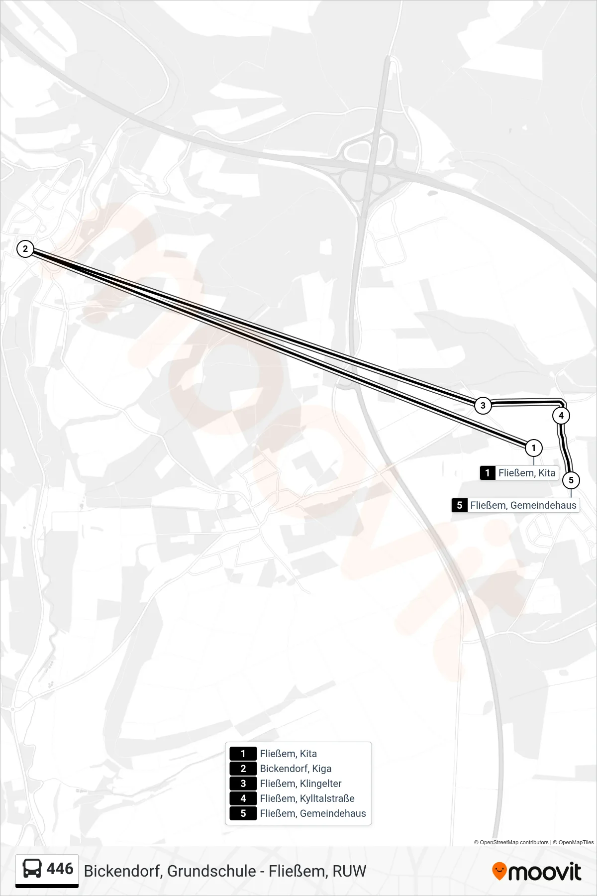 446 bus Line (Fließem, Gemeindehaus) route and stops on a map