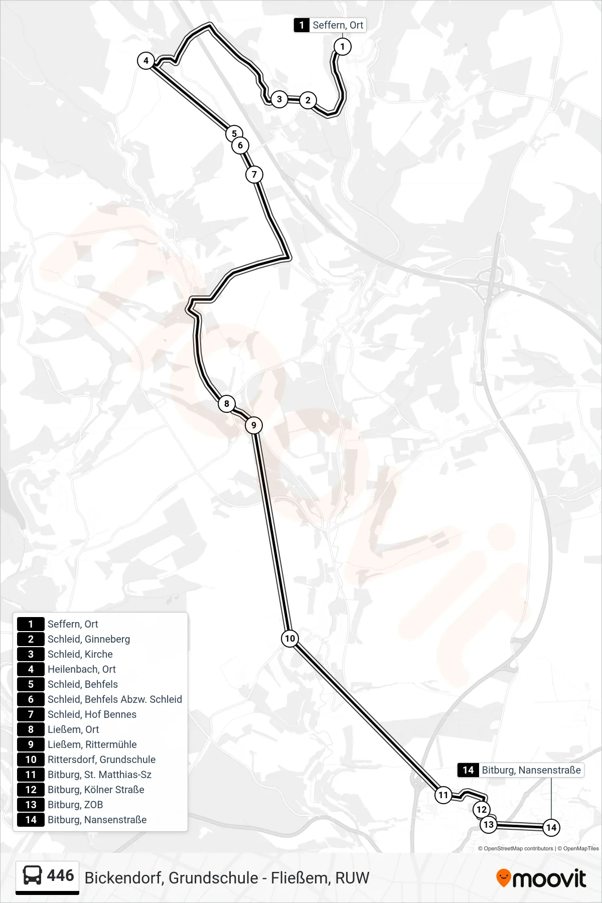 Linie 446 (Bus) Richtung Bitburg, Nansenstraße: Route und Haltestellen auf der Karte