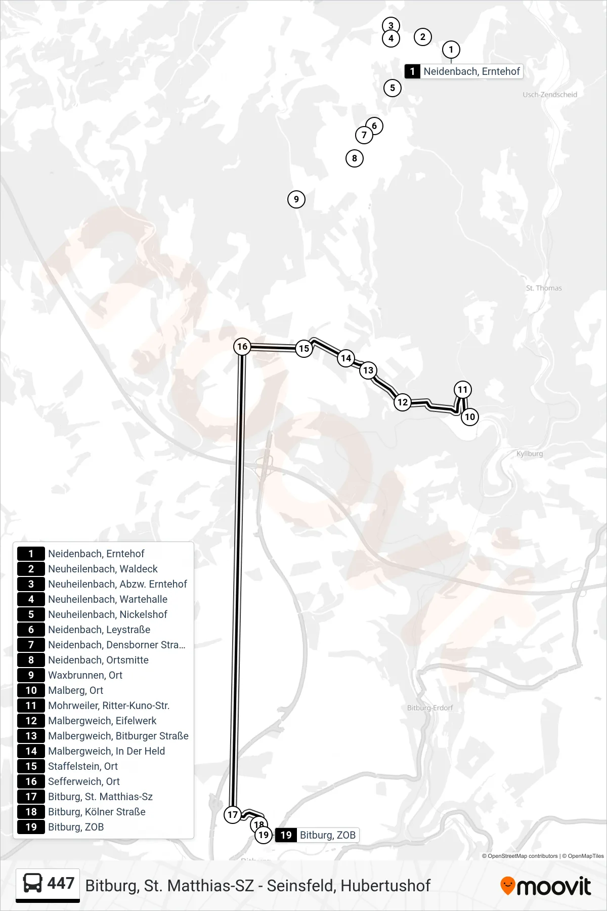447 bus Line (Bitburg, ZOB) route and stops on a map