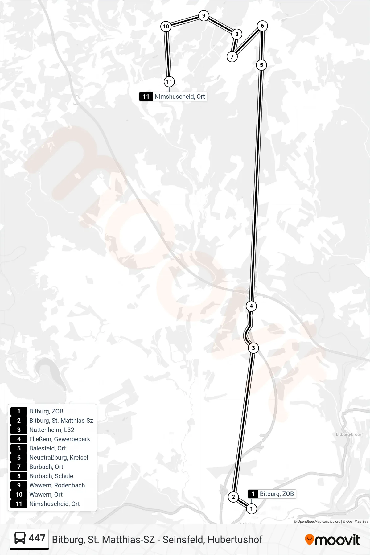 447 bus Line (Nimshuscheid, Ort) route and stops on a map